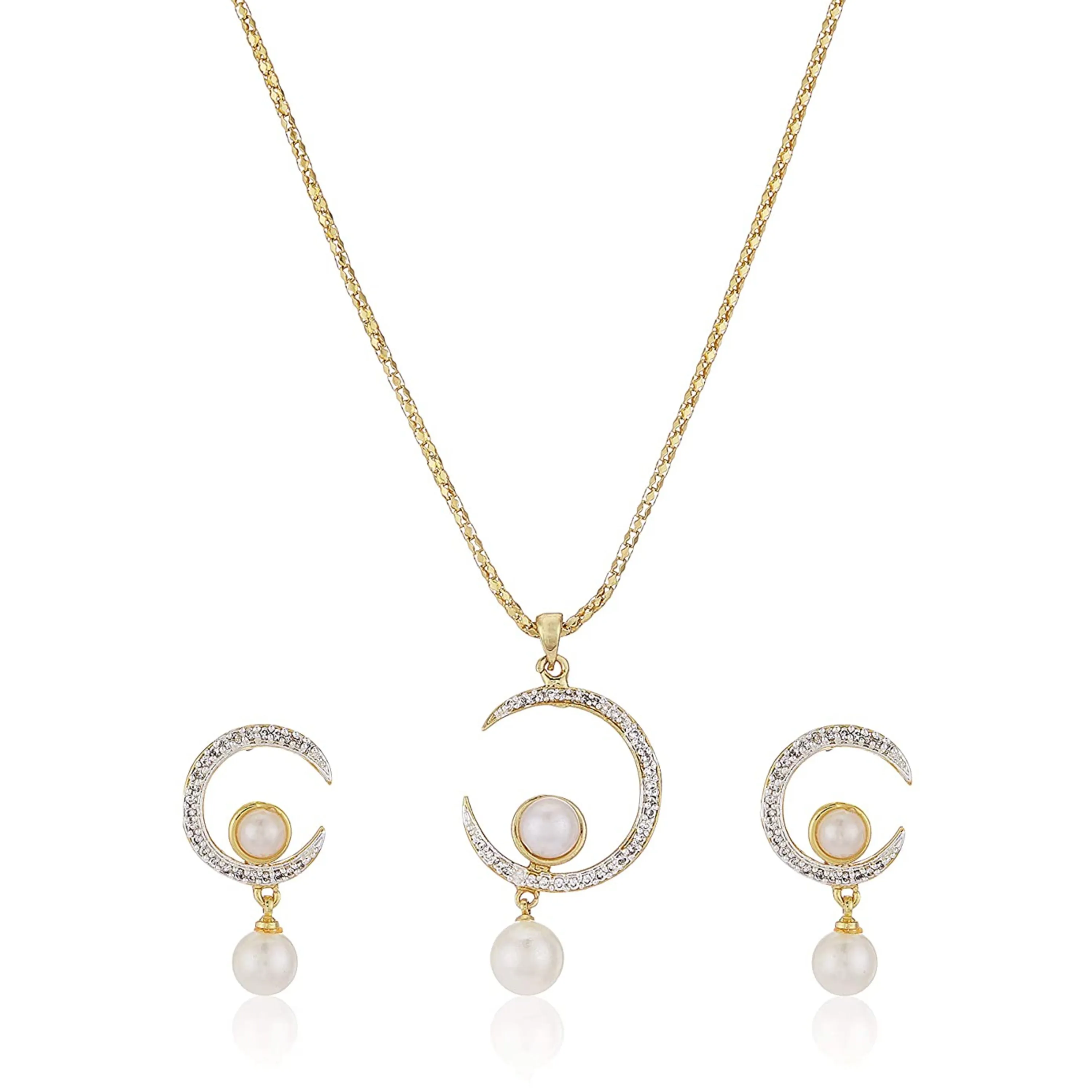 Estele Gold Plated Crescent Shaped Pendant Set with American Diamonds and Pearl Drop for Women / Girls