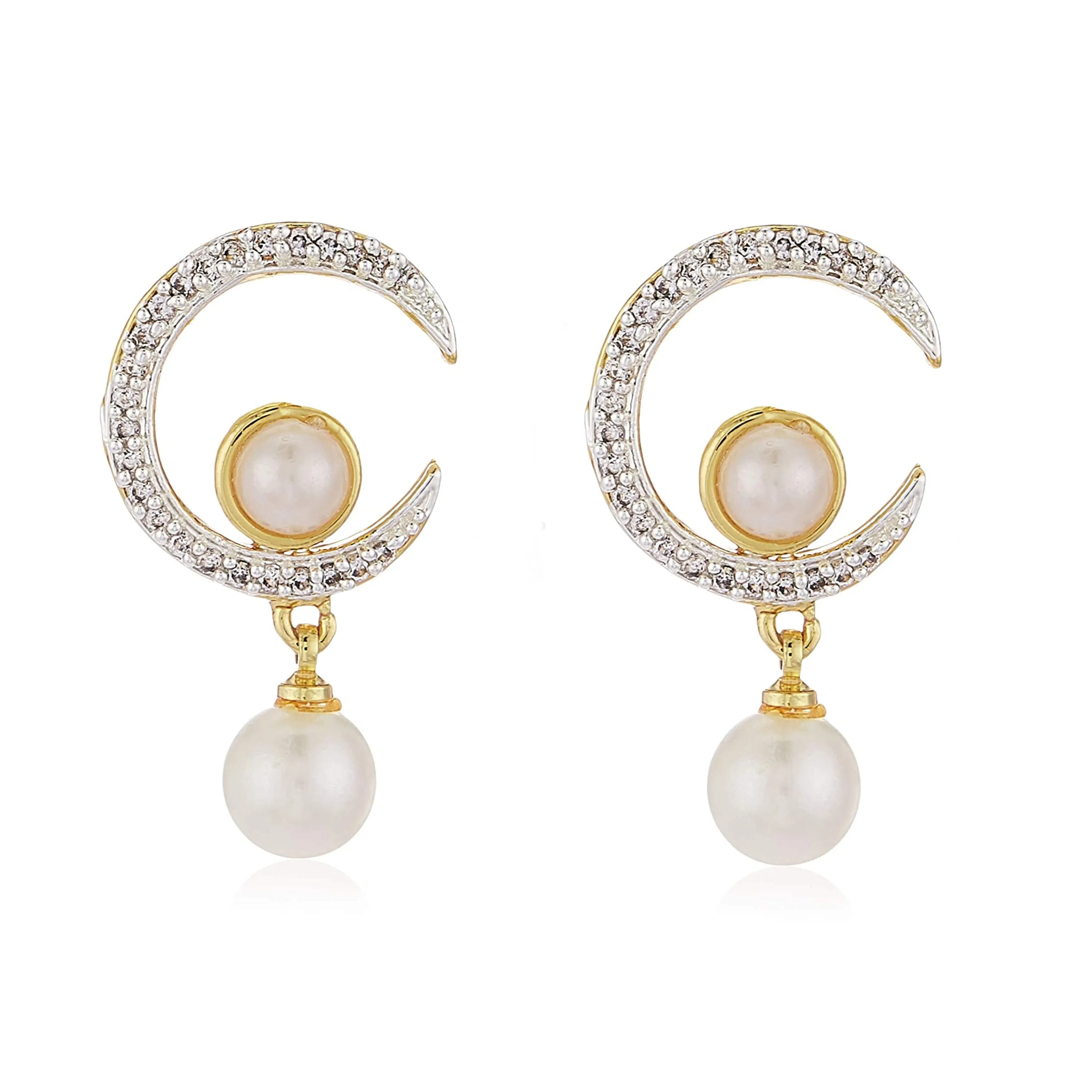 Estele Gold Plated Crescent Shaped Pendant Set with American Diamonds and Pearl Drop for Women / Girls