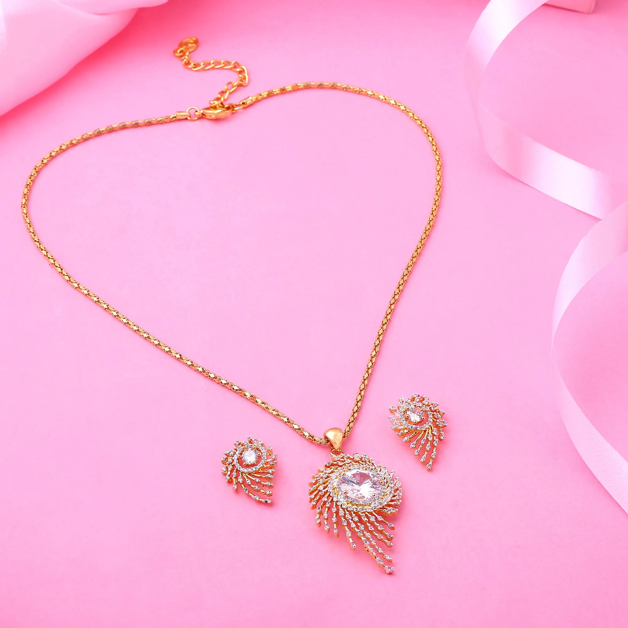 Estele Gold Plated CZ Diamond Studded Pendant Set for Women / Girls