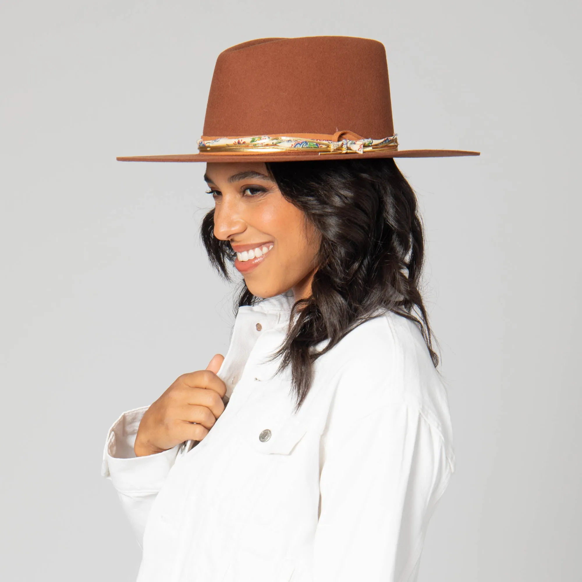 Farrah - Stiff Brim Fedora with Patterned Fabric Band