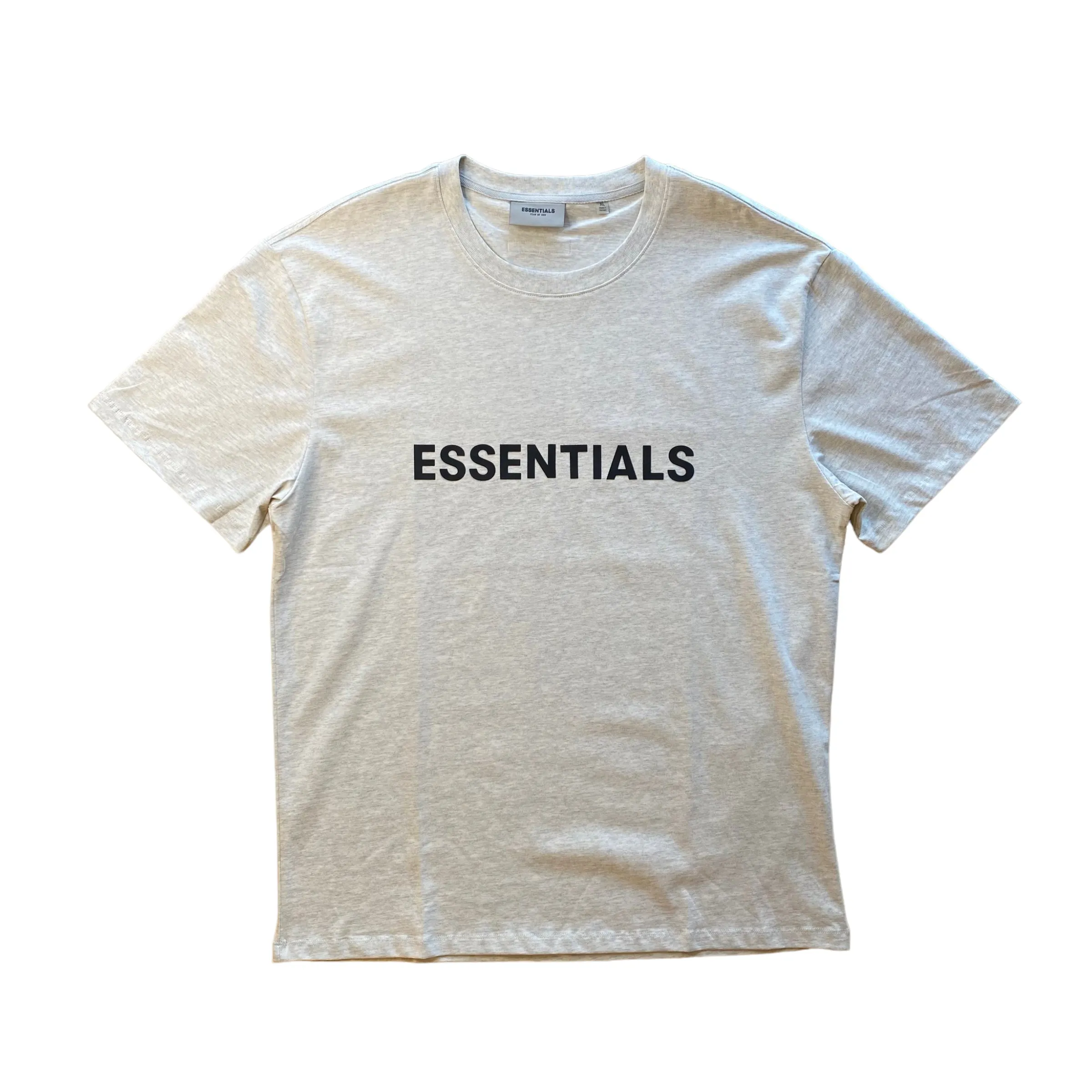 Fear of God Essentials Boxy T-Shirt Applique Logo Heather Oatmeal (Front Logo)