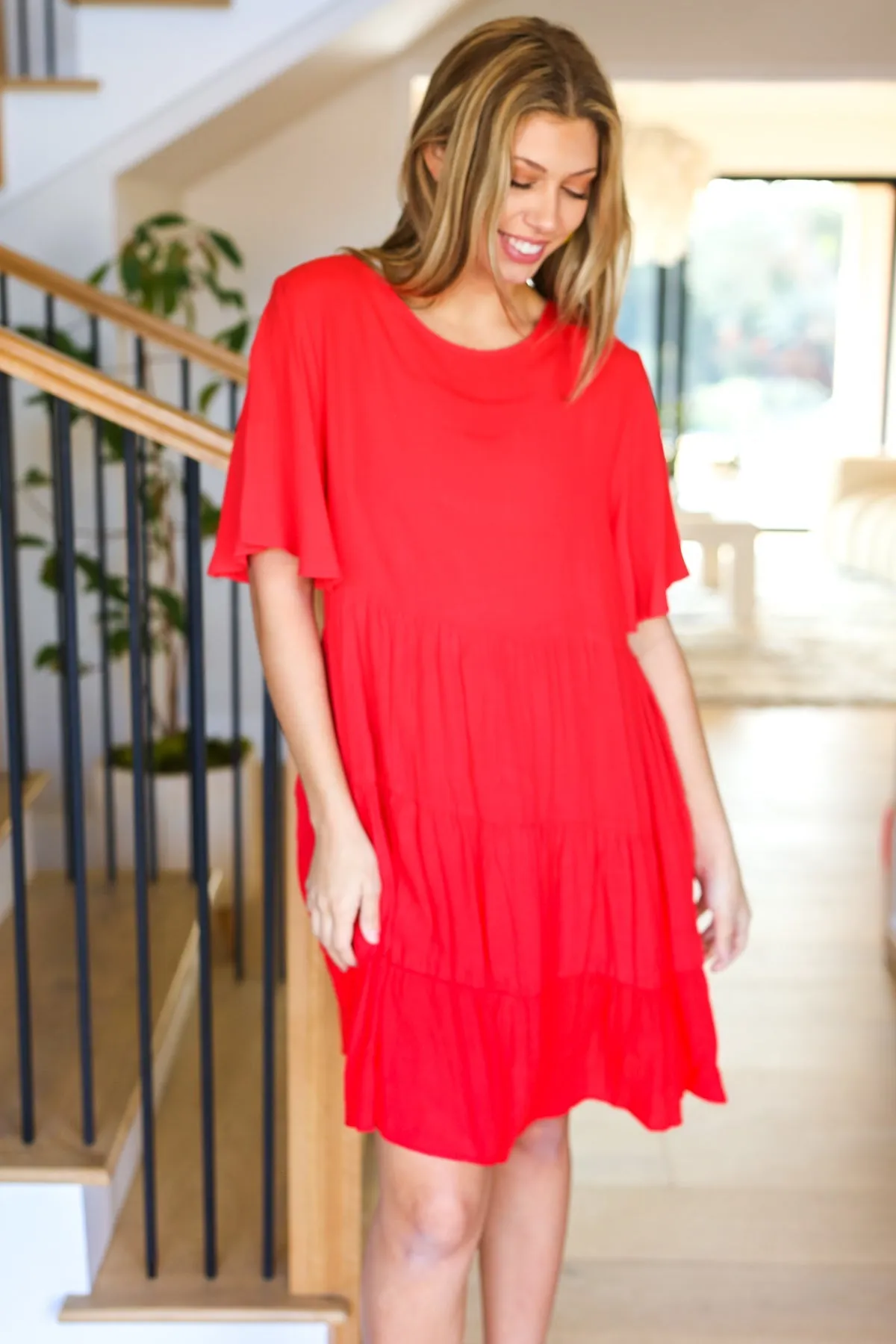 Feeling Bold Red Woven Panel Tiered Fluter Sleeve Dress (Open Pack)