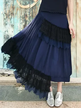 Final Sale! Navy Ruffled Asymmetrical Lace Patch Skirt