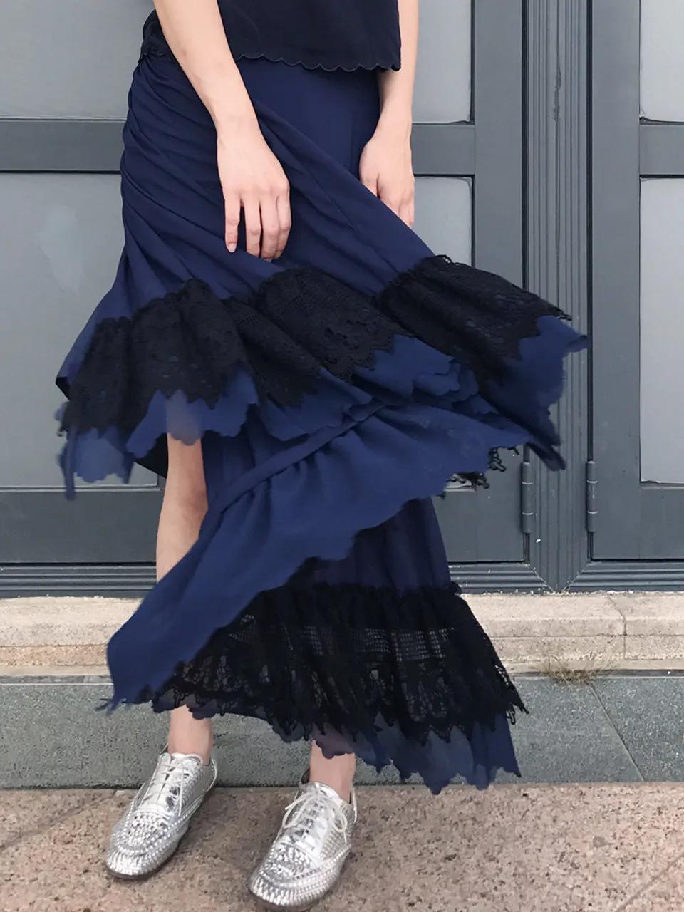 Final Sale! Navy Ruffled Asymmetrical Lace Patch Skirt