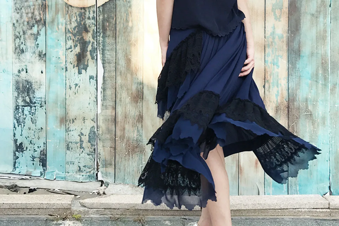 Final Sale! Navy Ruffled Asymmetrical Lace Patch Skirt