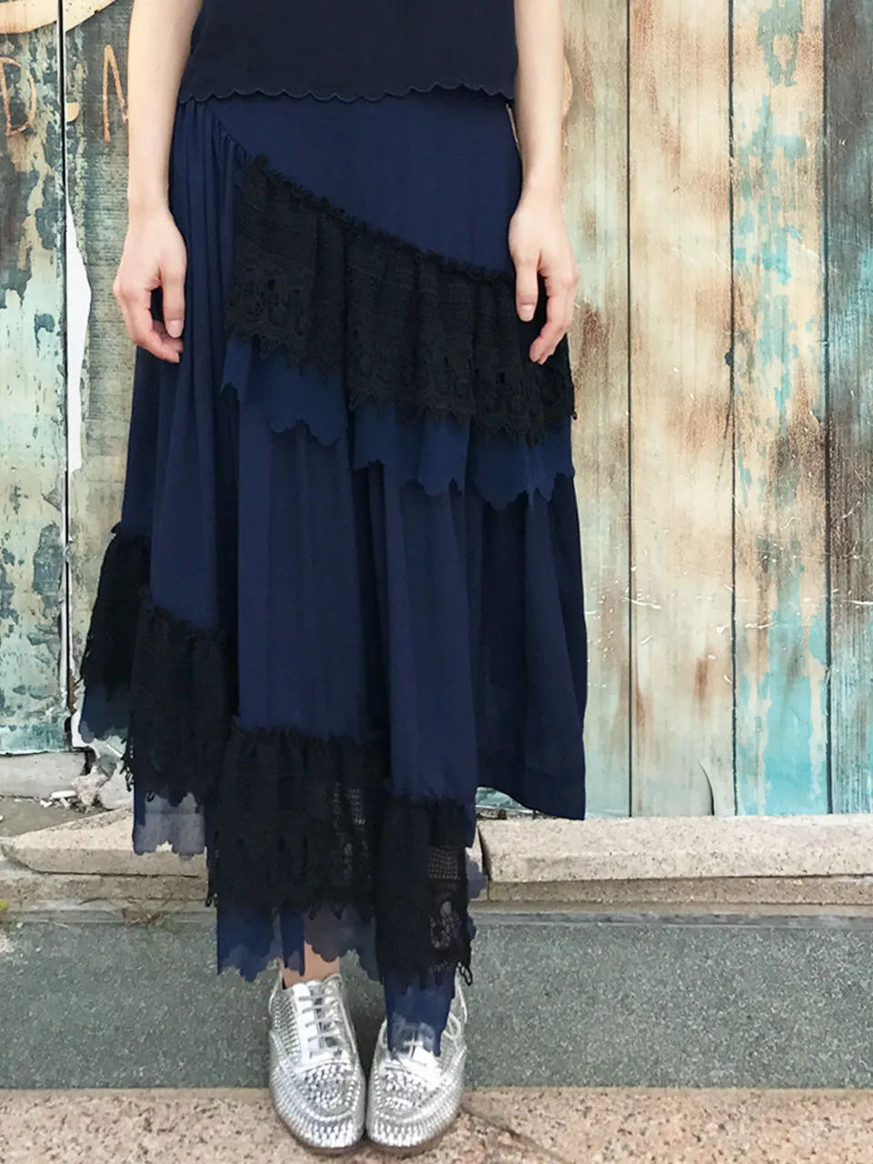 Final Sale! Navy Ruffled Asymmetrical Lace Patch Skirt