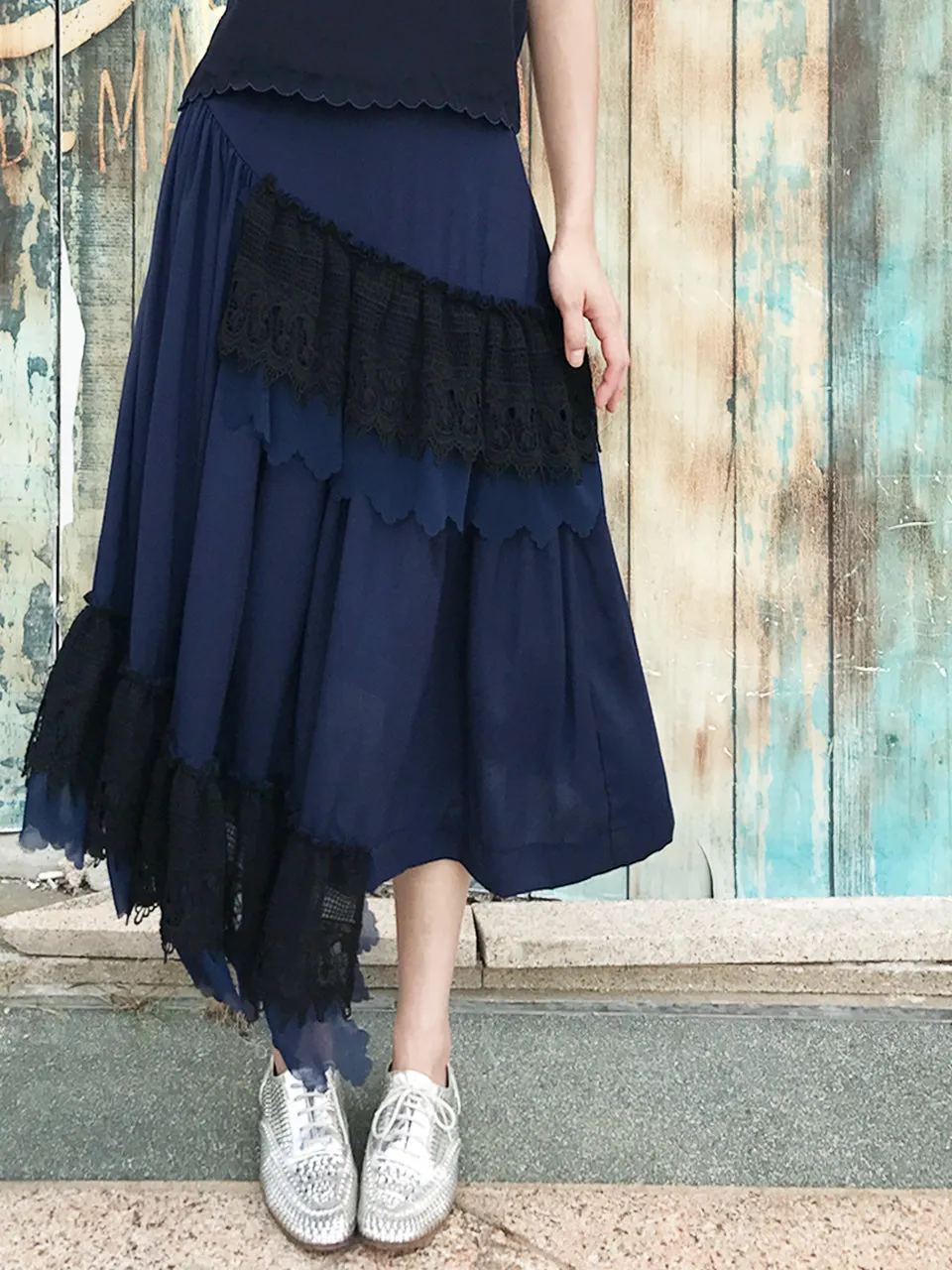 Final Sale! Navy Ruffled Asymmetrical Lace Patch Skirt