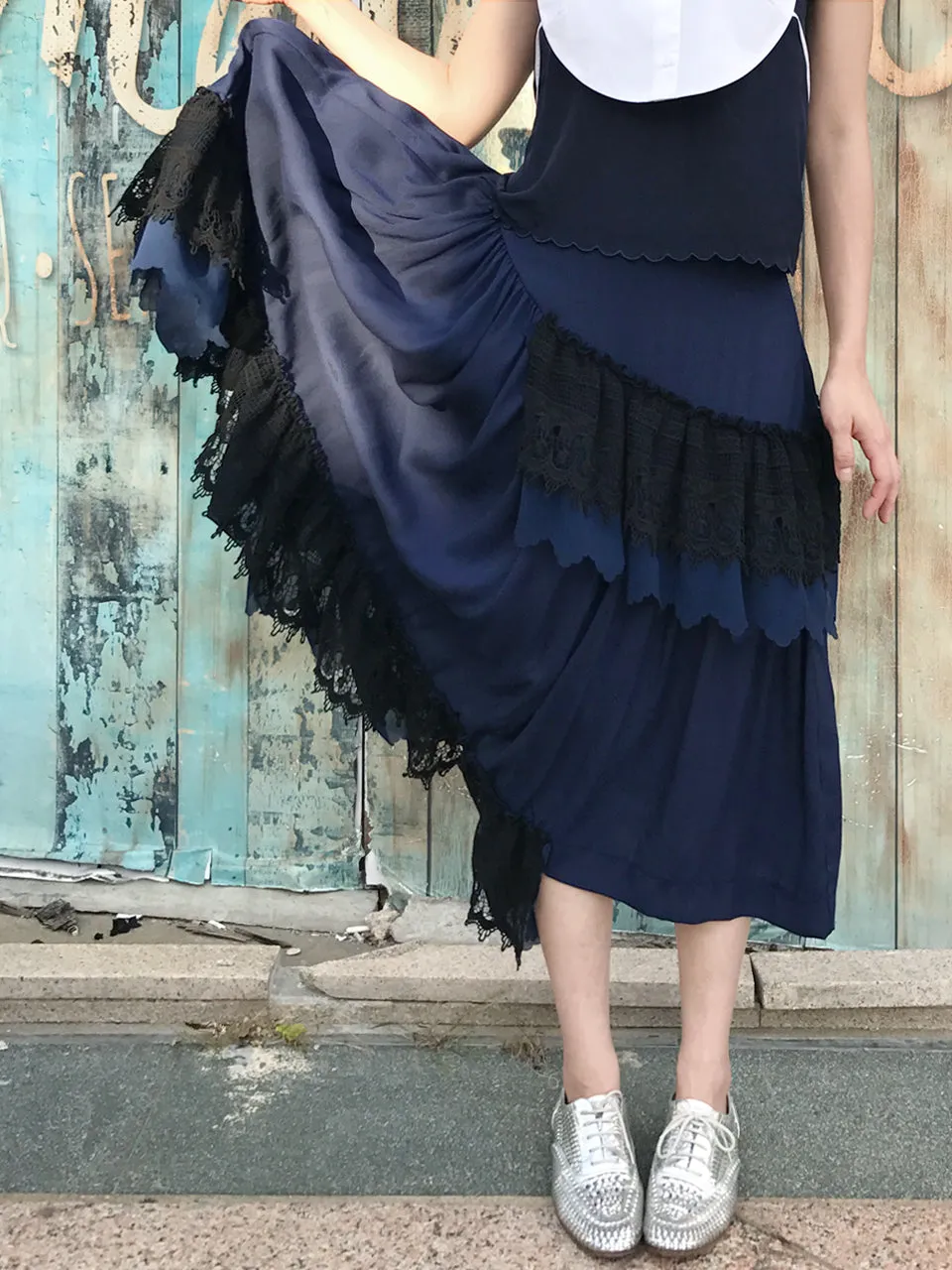 Final Sale! Navy Ruffled Asymmetrical Lace Patch Skirt