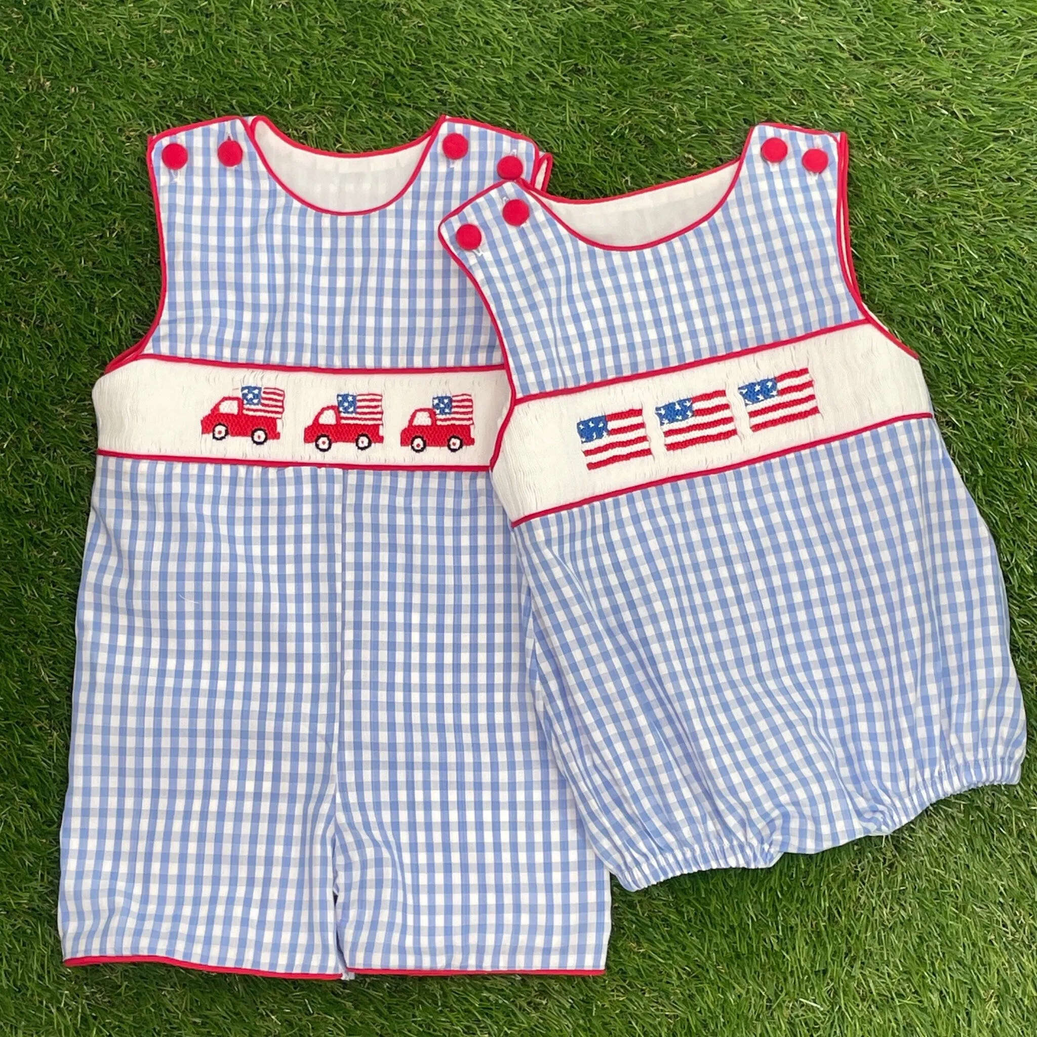 Flag Smocked Bubble in Light Blue Gingham