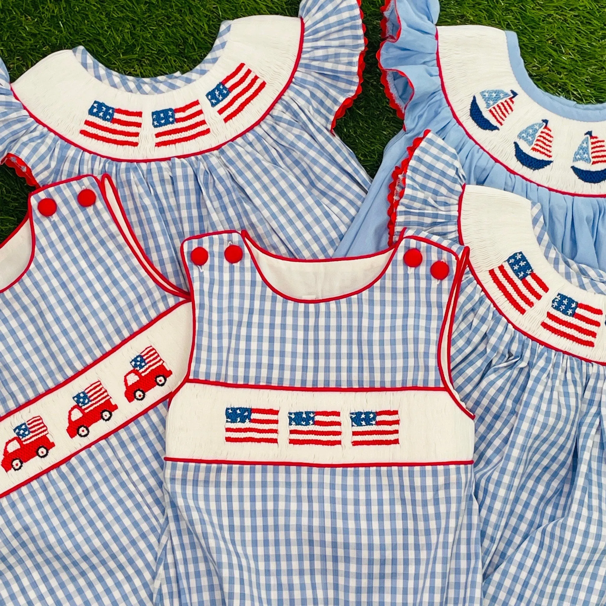 Flag Smocked Bubble in Light Blue Gingham