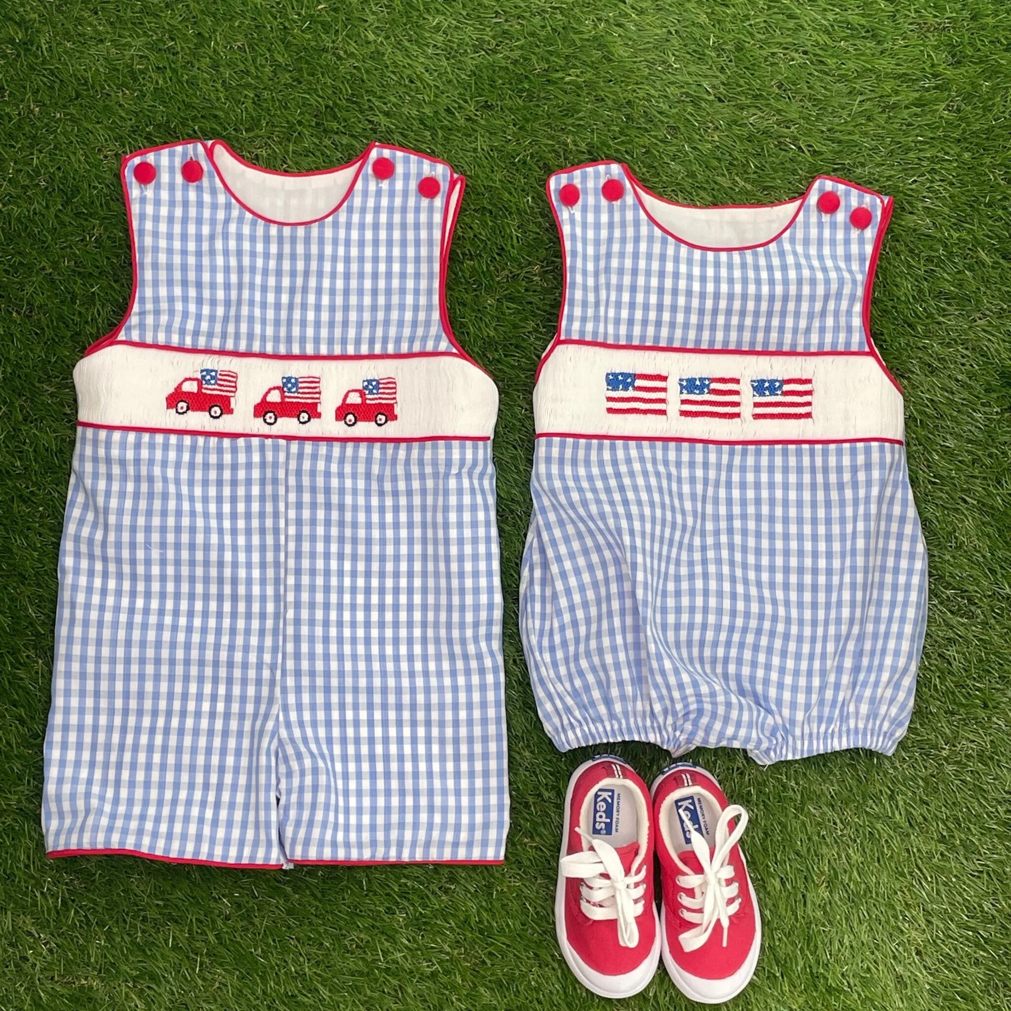 Flag Smocked Bubble in Light Blue Gingham