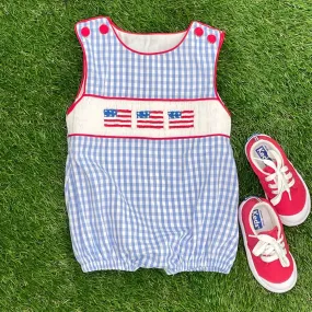 Flag Smocked Bubble in Light Blue Gingham