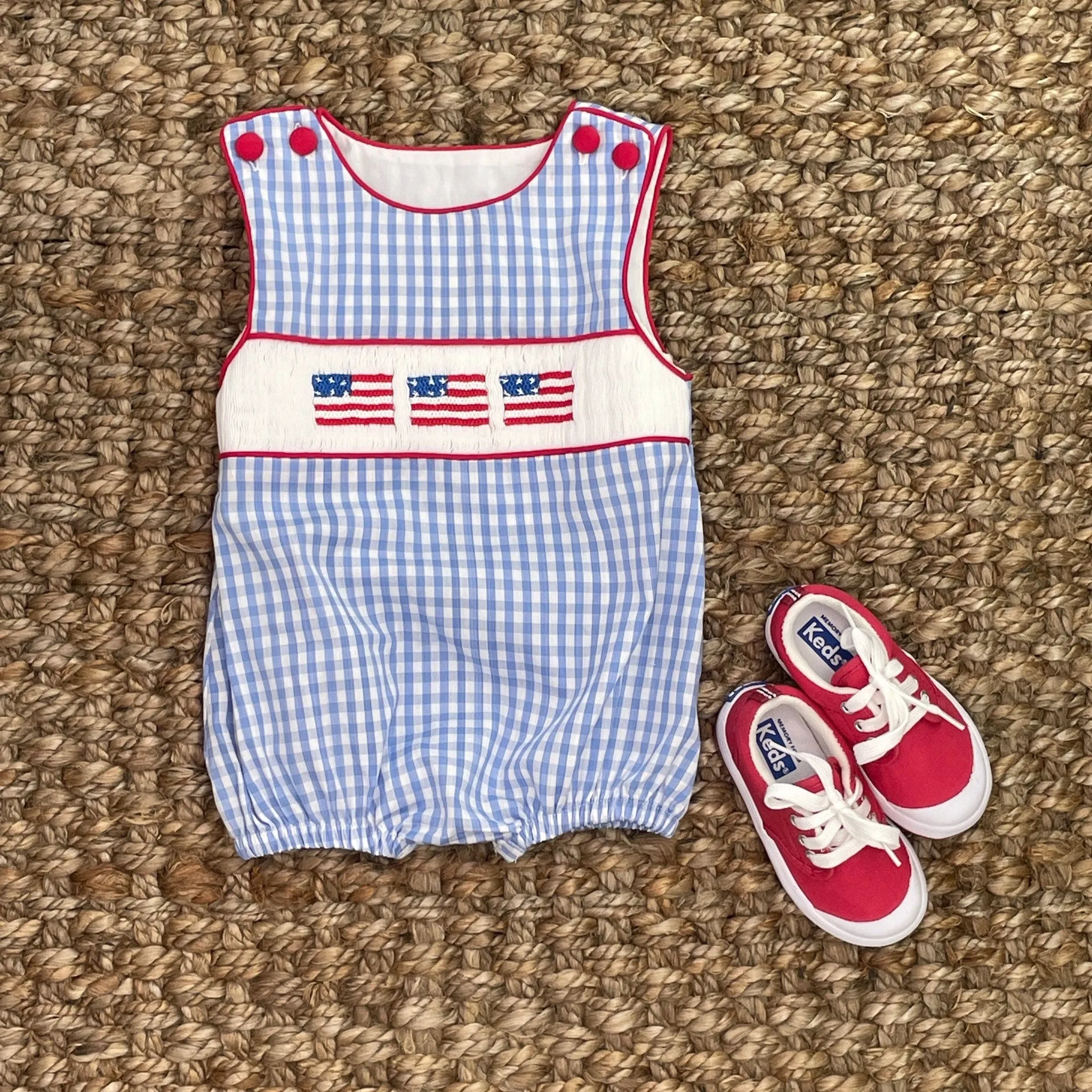 Flag Smocked Bubble in Light Blue Gingham