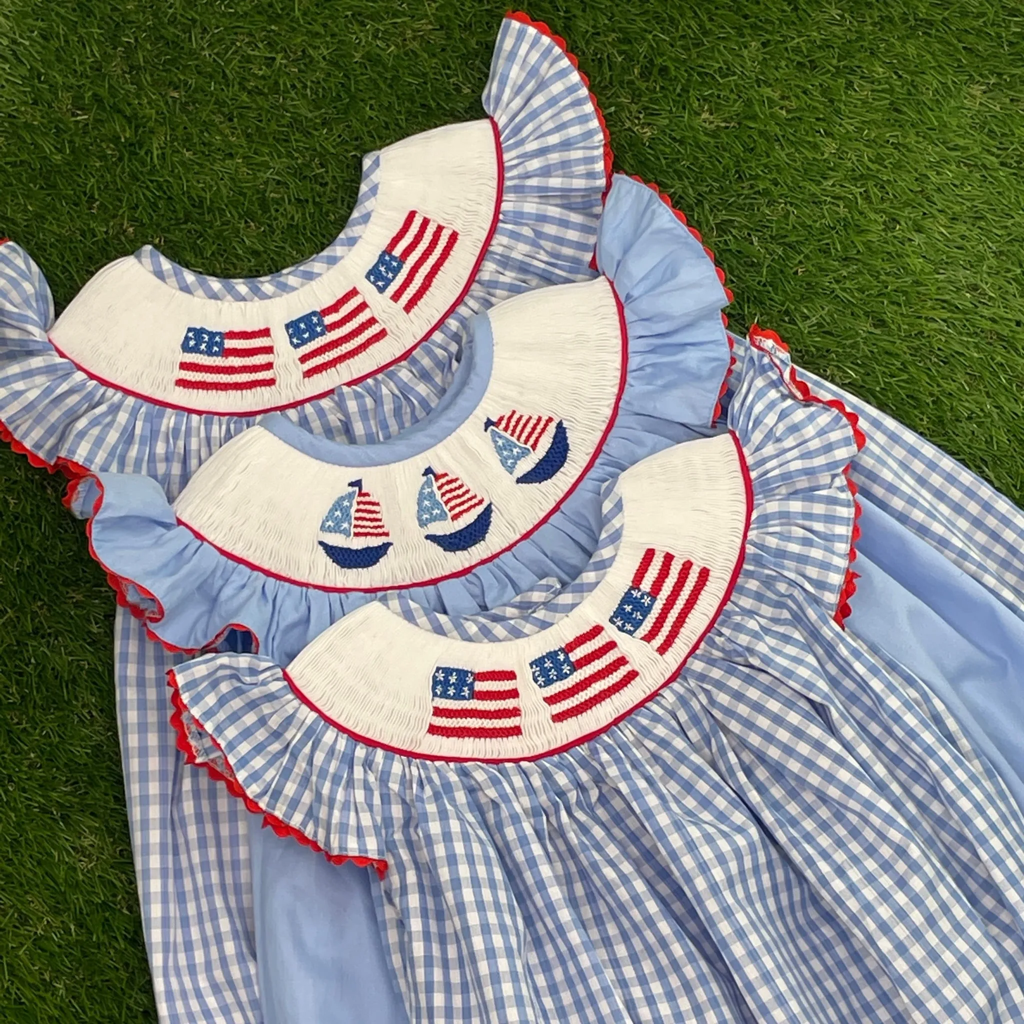 Flag Smocked Romper in light blue gingham