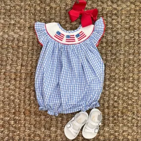 Flag Smocked Romper in light blue gingham