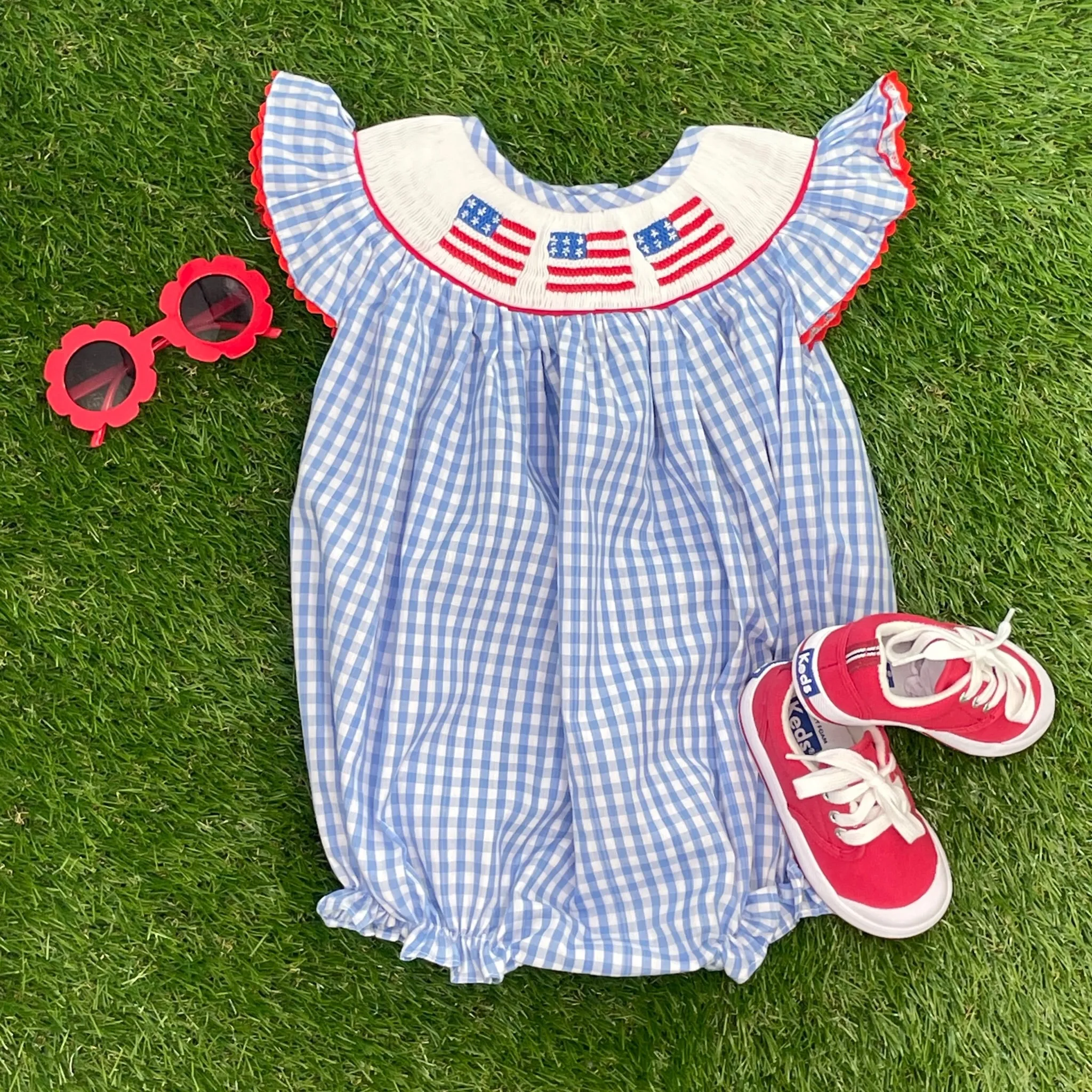 Flag Smocked Romper in light blue gingham