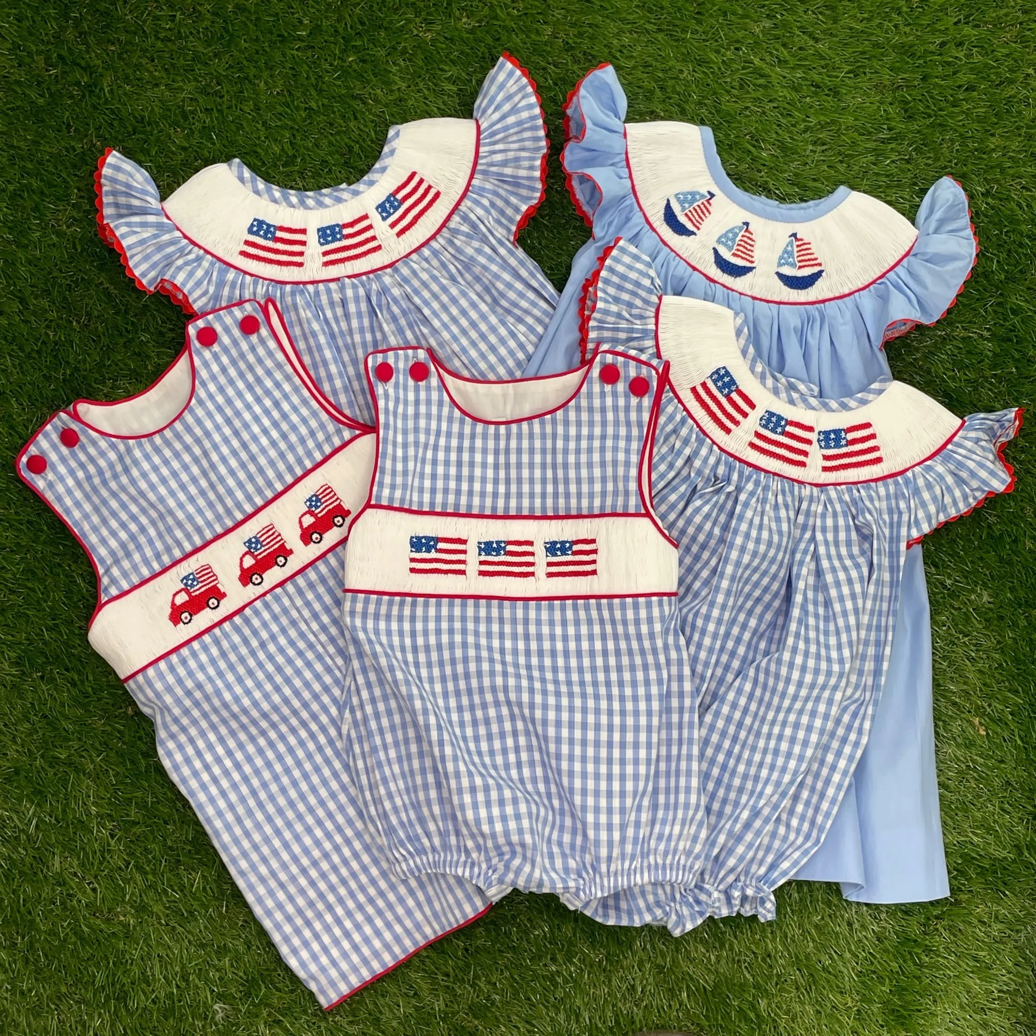 Flag Smocked Romper in light blue gingham