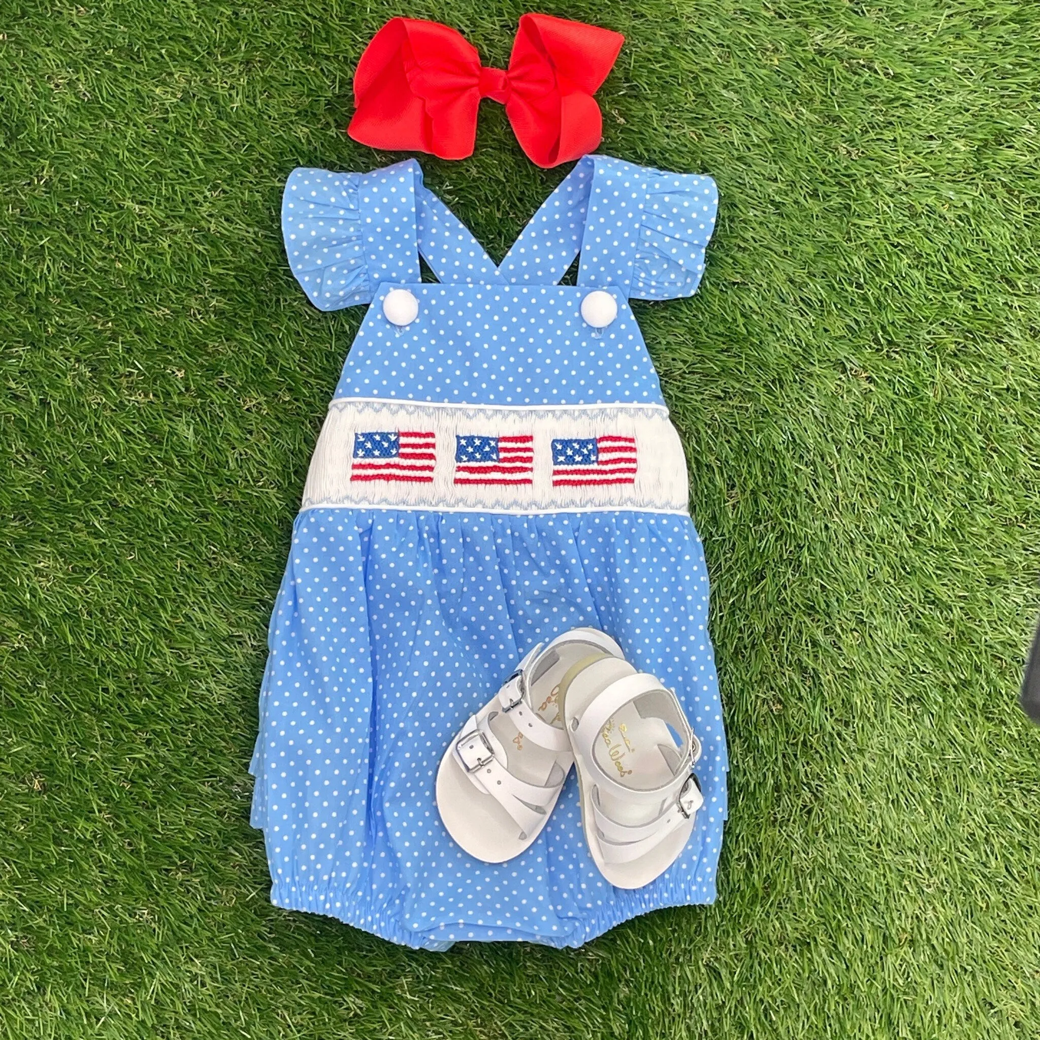 Flag Smocked Romper in polka dots