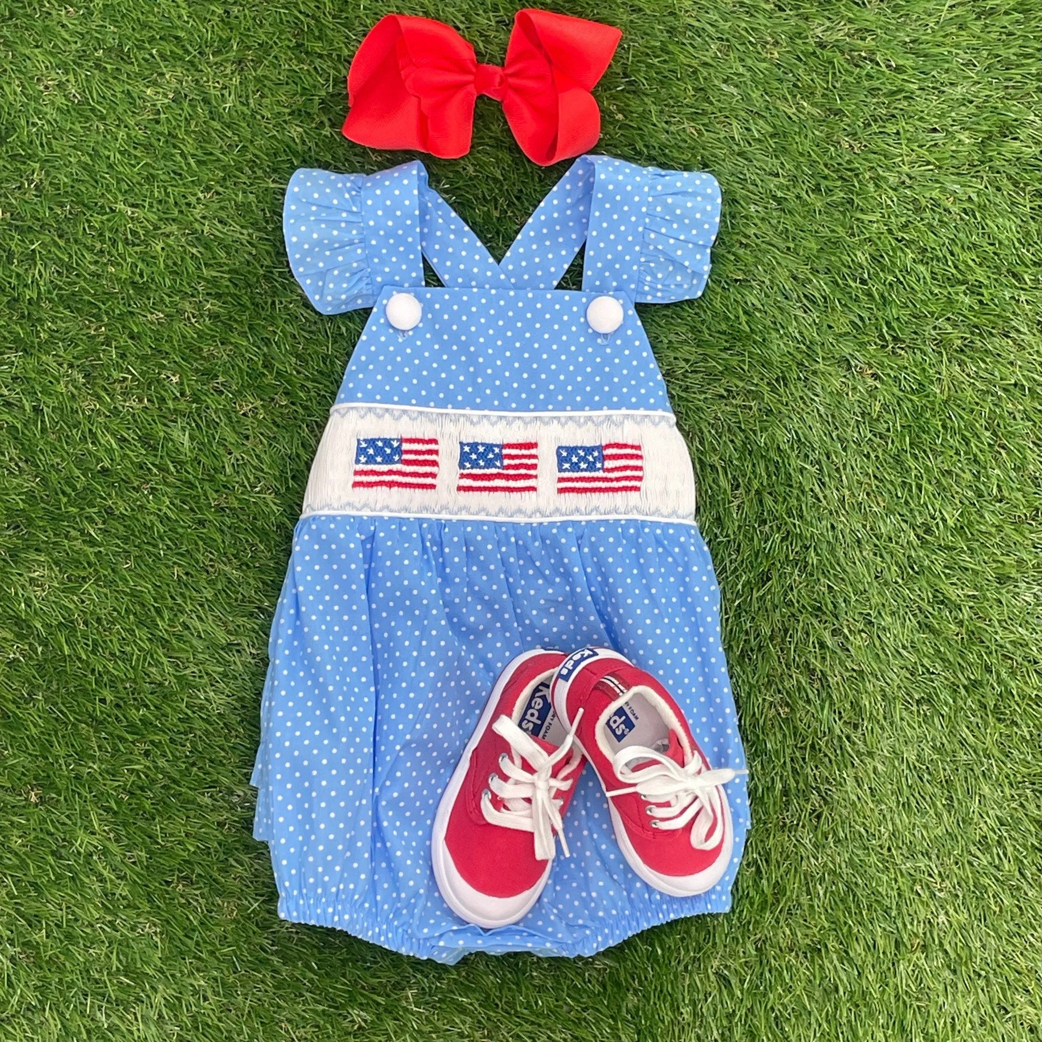 Flag Smocked Romper in polka dots