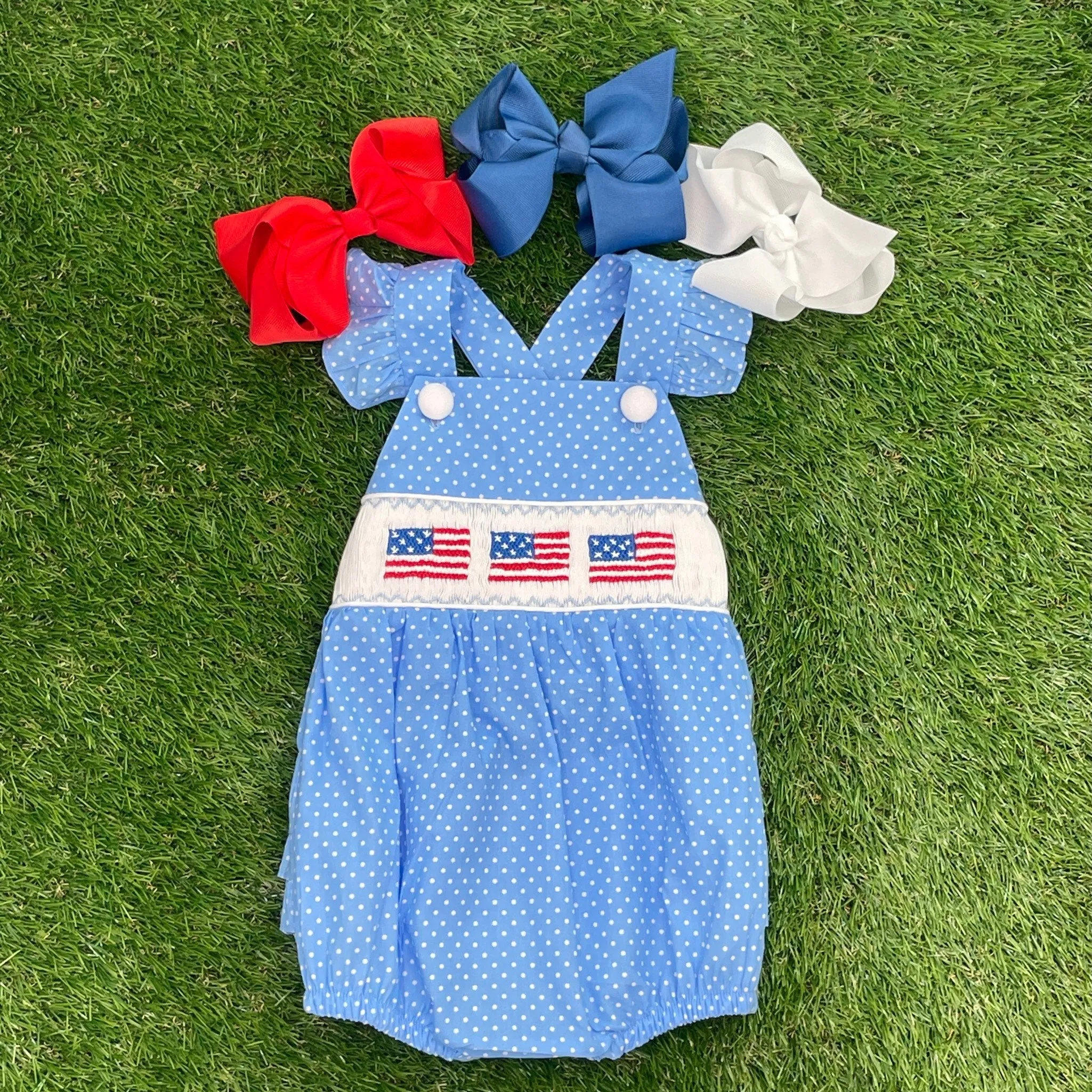 Flag Smocked Romper in polka dots