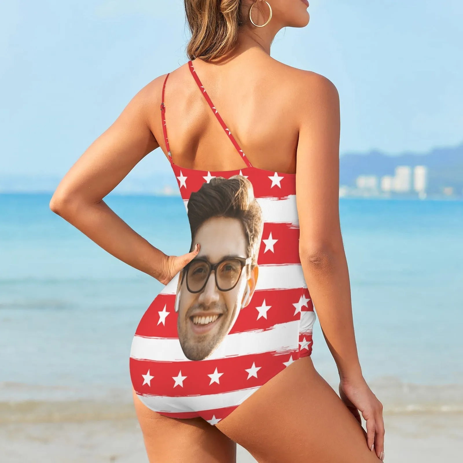 #Flagbathingsuit-4th of July Custom Face American Flag Style Women's One Shoulder Keyhole One Piece Swimsuit Custom Picture Bathing Suit