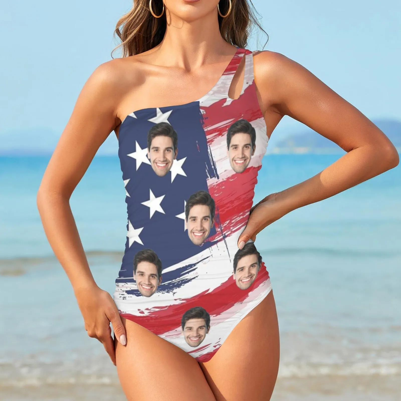 #Flagbathingsuit-4th of July Custom Face American Flag Style Women's One Shoulder Keyhole One Piece Swimsuit Custom Picture Bathing Suit