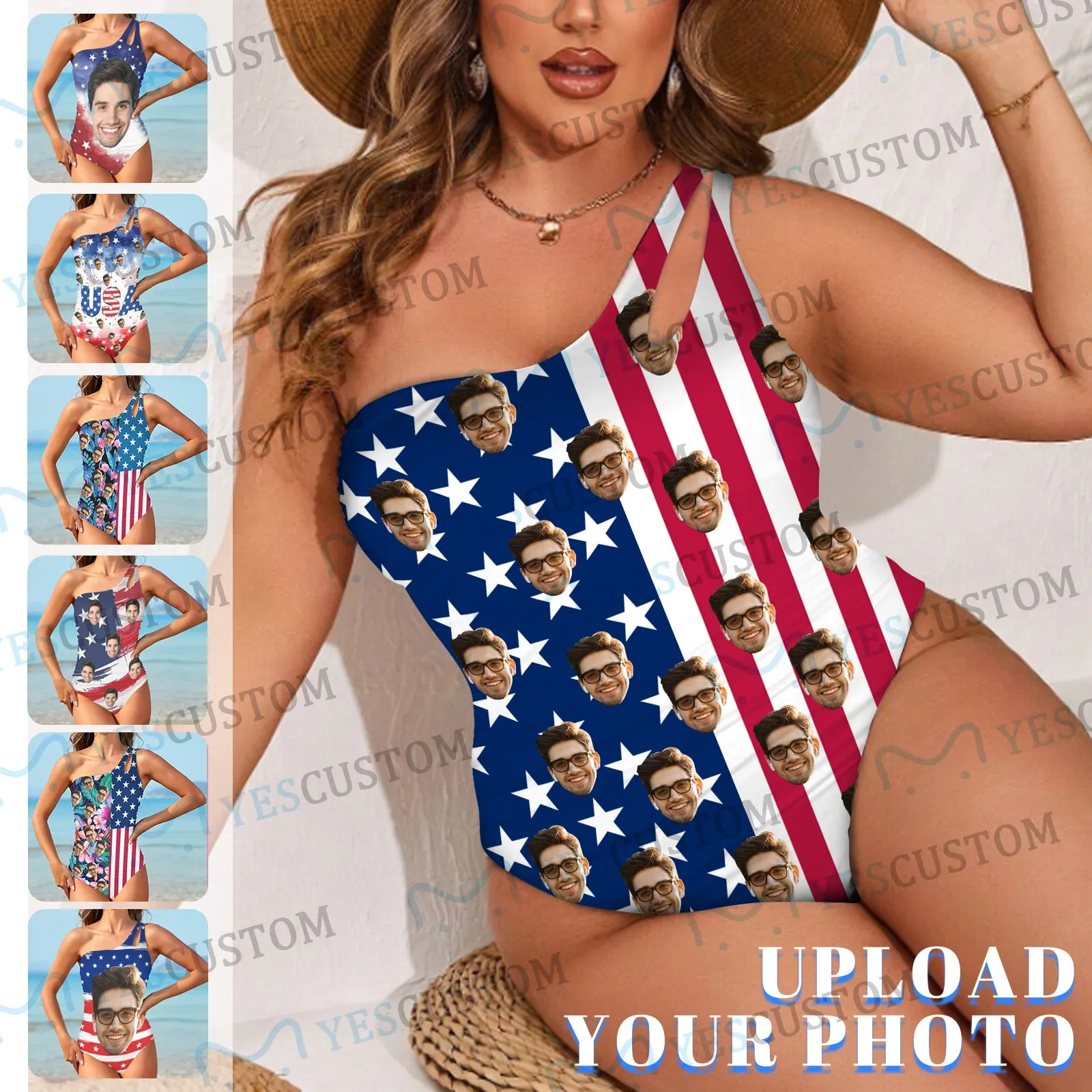 #Flagbathingsuit-4th of July Custom Face American Flag Style Women's One Shoulder Keyhole One Piece Swimsuit Custom Picture Bathing Suit