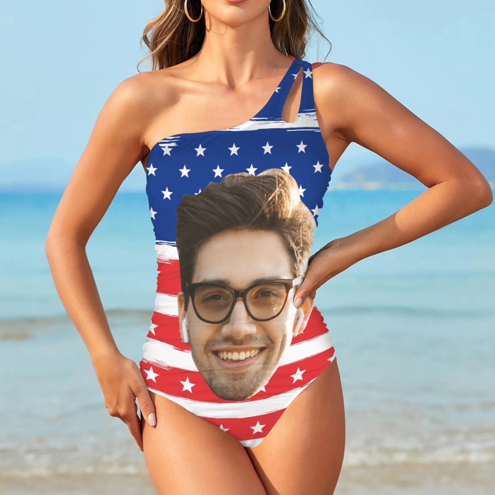 #Flagbathingsuit-4th of July Custom Face American Flag Style Women's One Shoulder Keyhole One Piece Swimsuit Custom Picture Bathing Suit