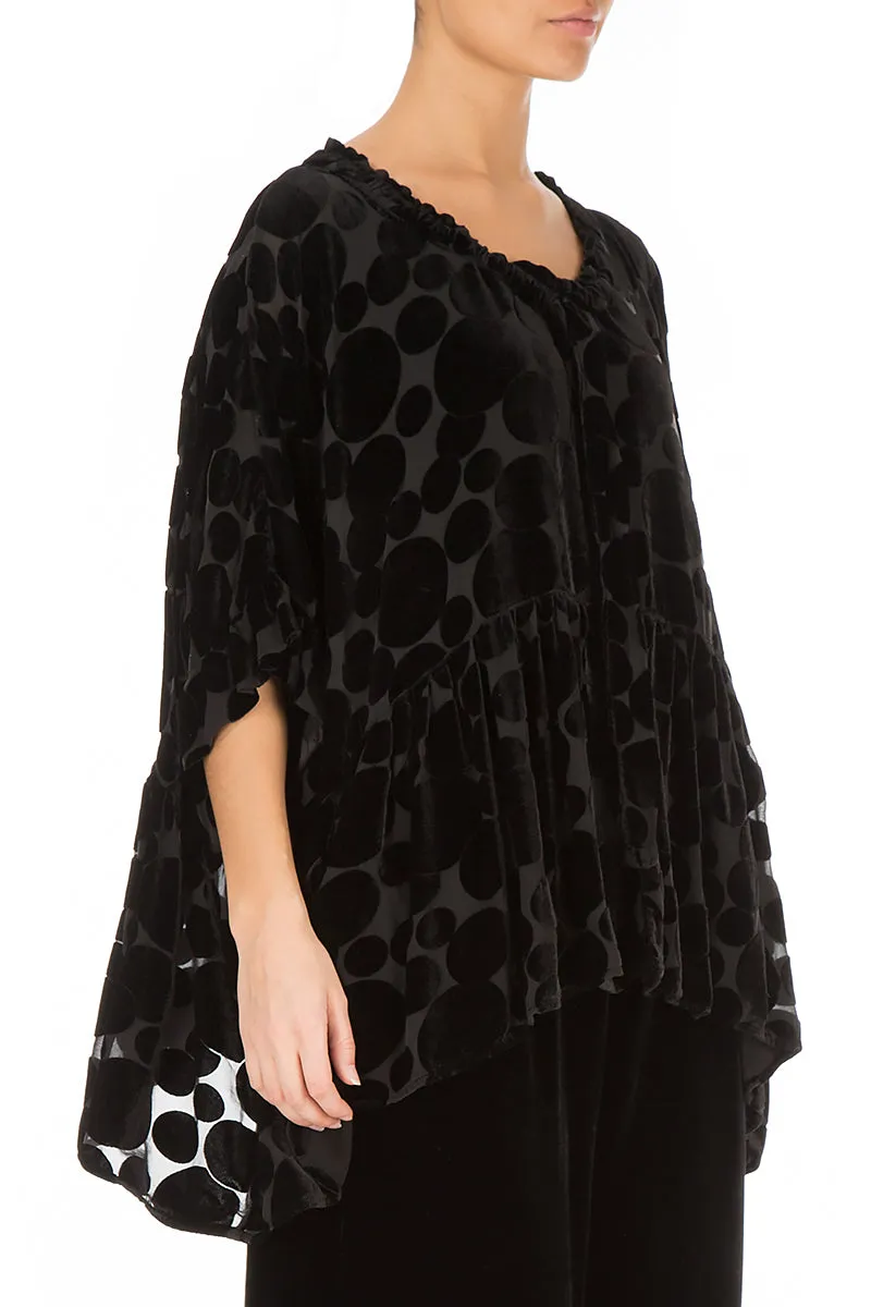 Flared Devoré Bubbles Black Silk Velvet Blouse