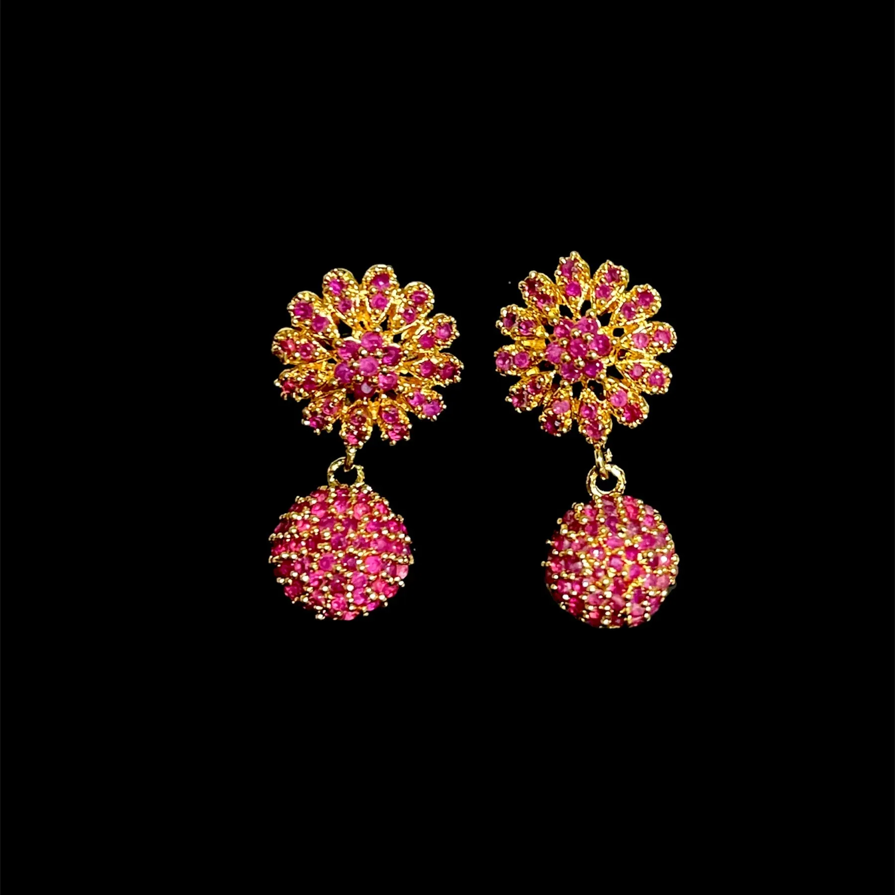 Floral AD Zircon Ball Earrings in Ruby Red, Green & White