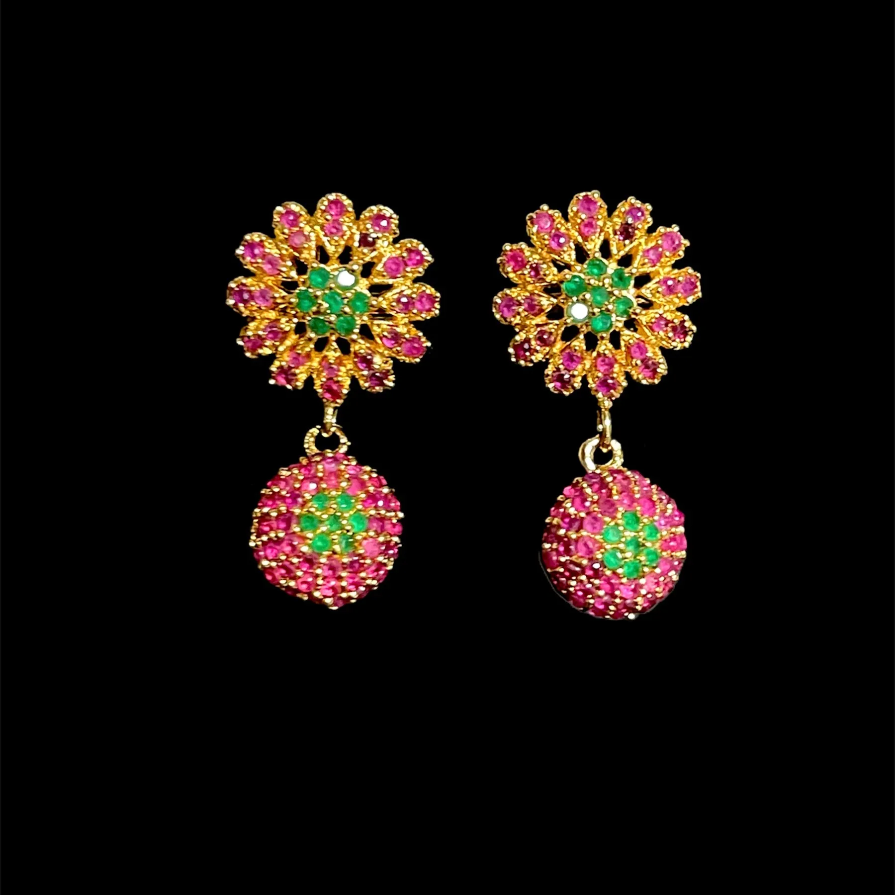 Floral AD Zircon Ball Earrings in Ruby Red, Green & White