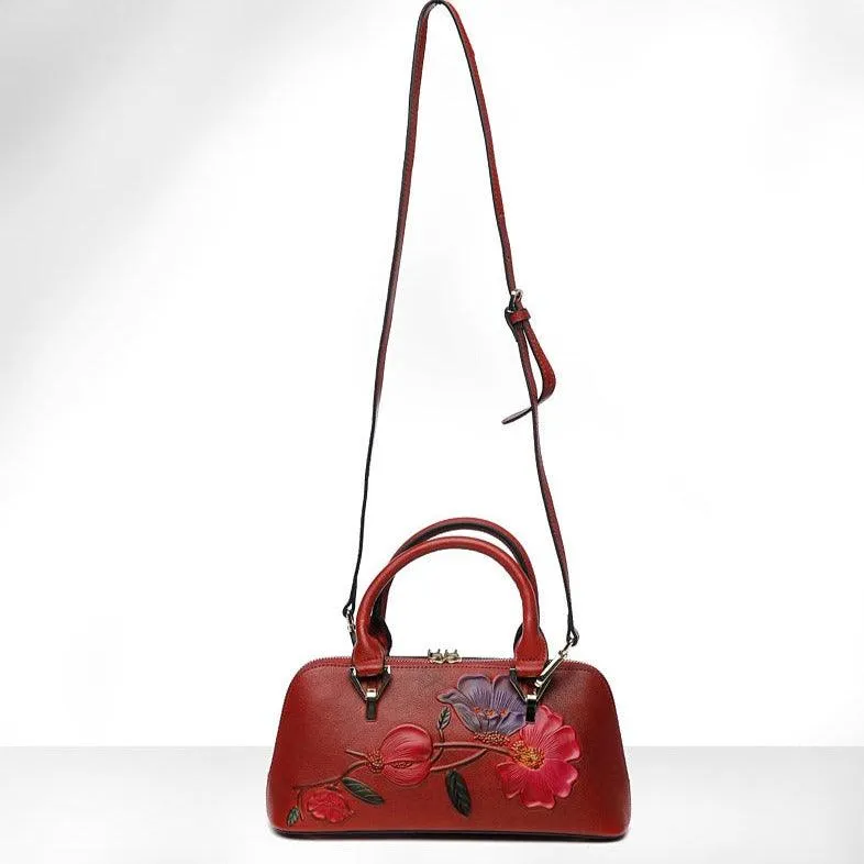 Floral Elegance Cowhide Leather Shoulder Bag | Handcrafted Embossed Banquet Bag