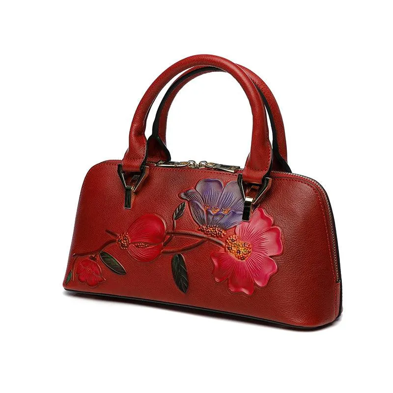 Floral Elegance Cowhide Leather Shoulder Bag | Handcrafted Embossed Banquet Bag