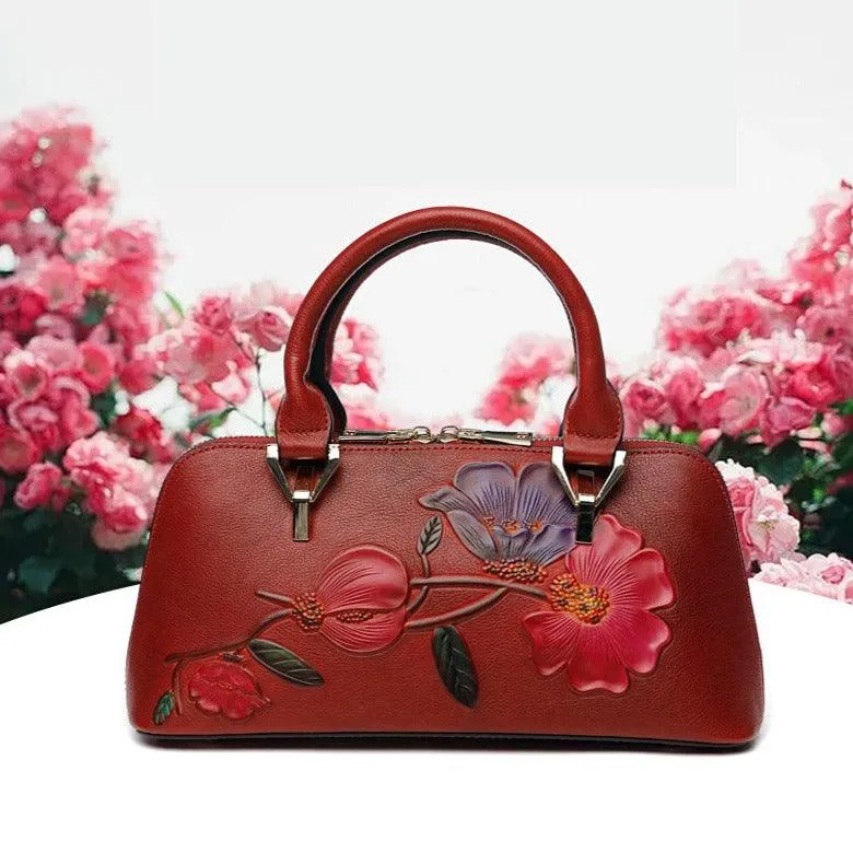 Floral Elegance Cowhide Leather Shoulder Bag | Handcrafted Embossed Banquet Bag