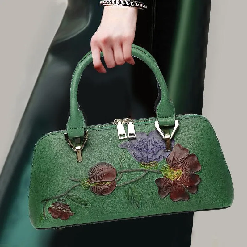 Floral Elegance Cowhide Leather Shoulder Bag | Handcrafted Embossed Banquet Bag