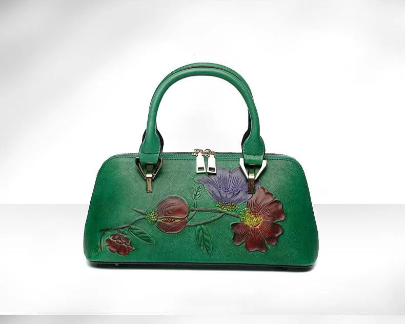 Floral Elegance Cowhide Leather Shoulder Bag | Handcrafted Embossed Banquet Bag