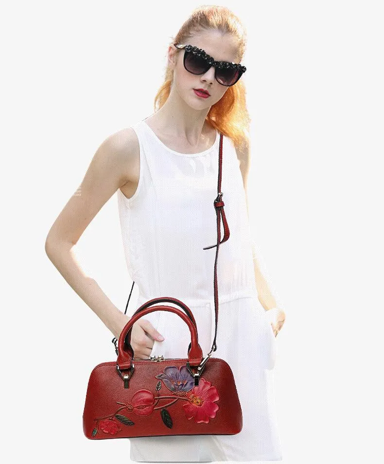 Floral Elegance Cowhide Leather Shoulder Bag | Handcrafted Embossed Banquet Bag