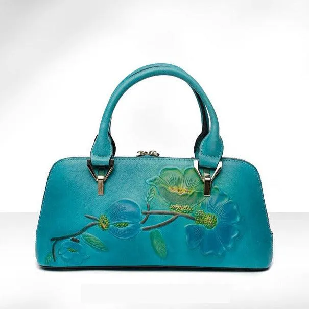 Floral Elegance Cowhide Leather Shoulder Bag | Handcrafted Embossed Banquet Bag