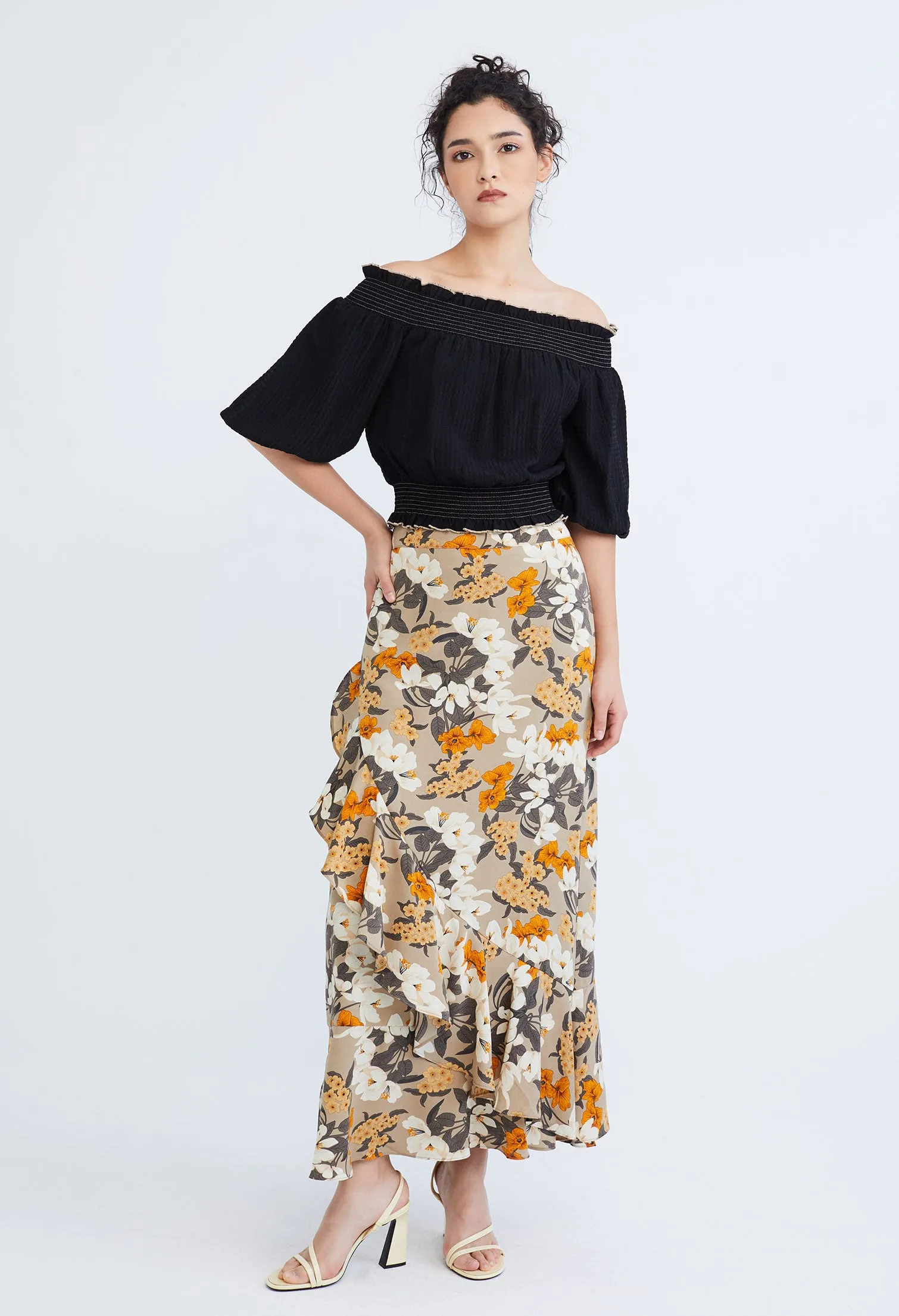 Floral Flutter Asymmetrical Maxi Wrap Skirt