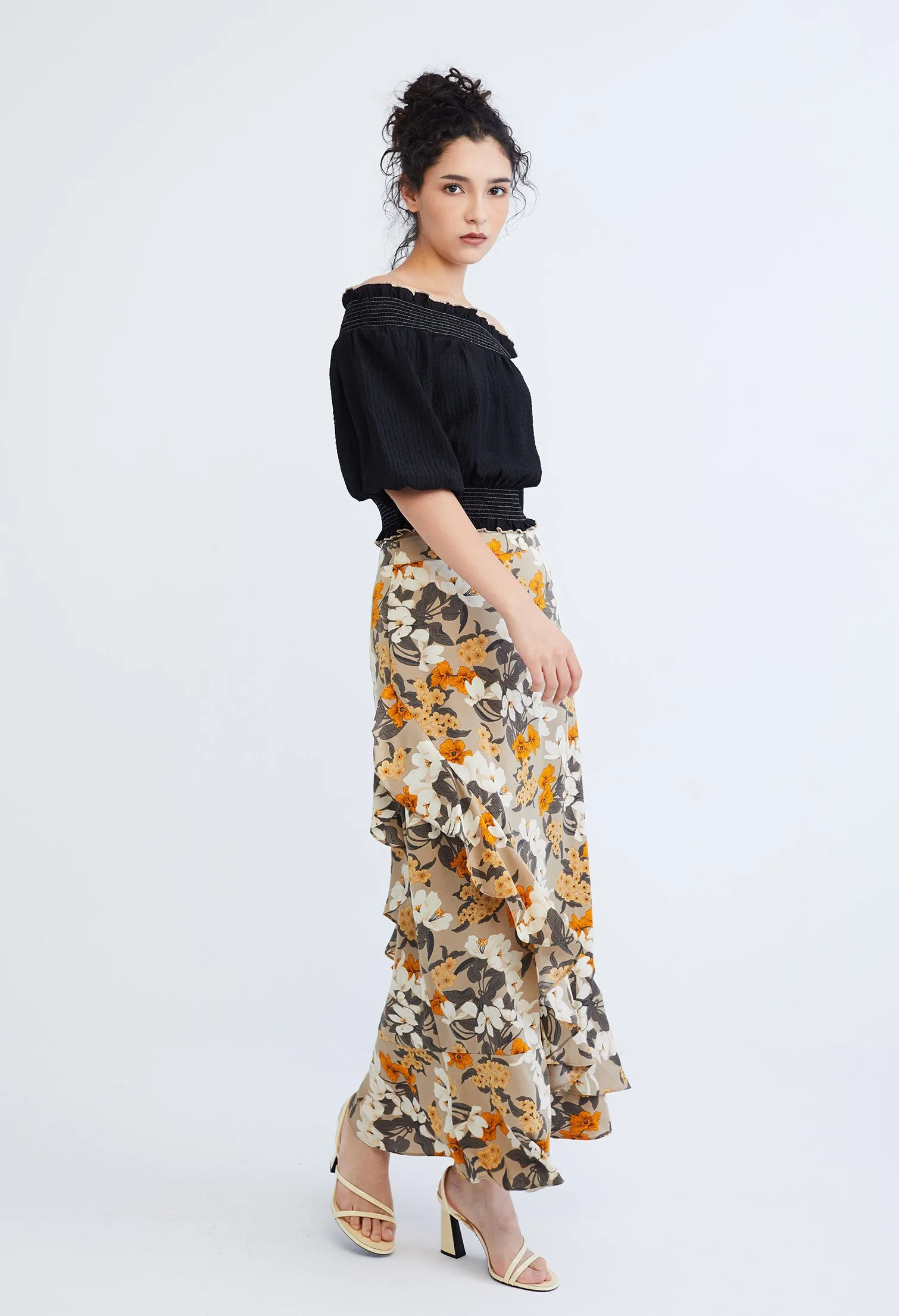 Floral Flutter Asymmetrical Maxi Wrap Skirt