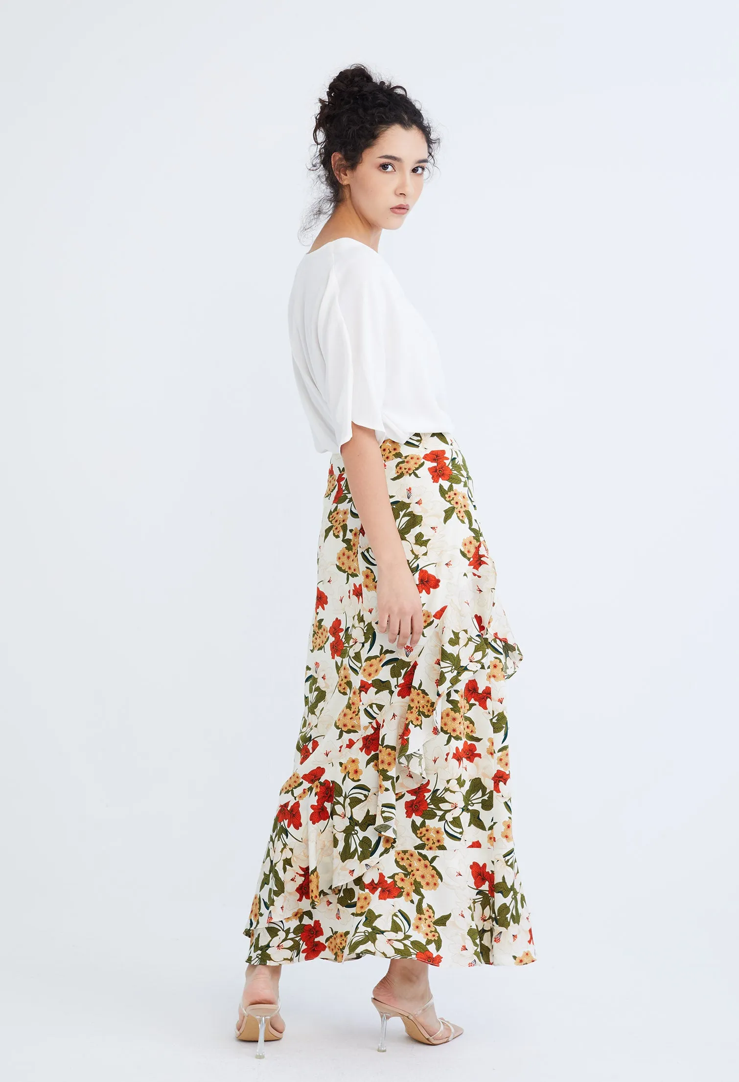 Floral Flutter Asymmetrical Maxi Wrap Skirt