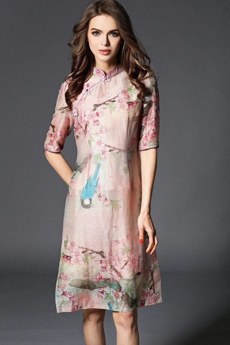 Flower and Bird Print Qipao Dress