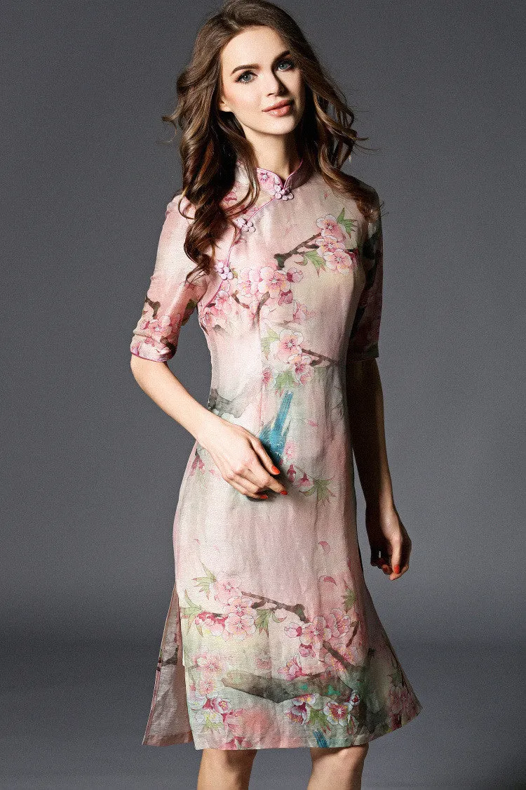 Flower and Bird Print Qipao Dress