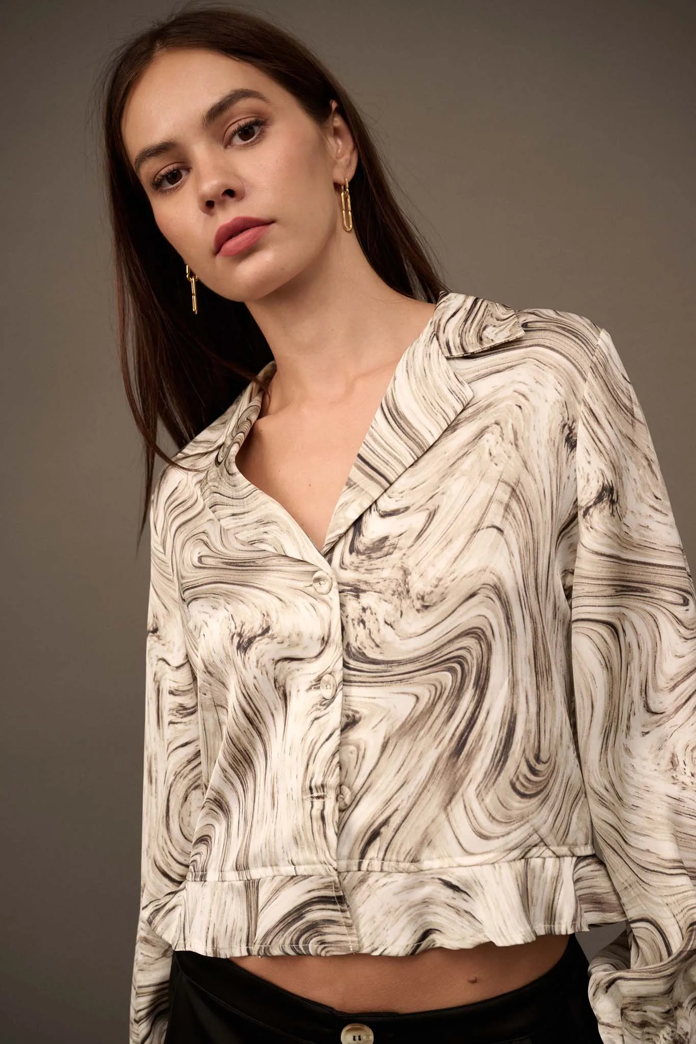 Flowing Free Marble-Print Satin Ruffled Top