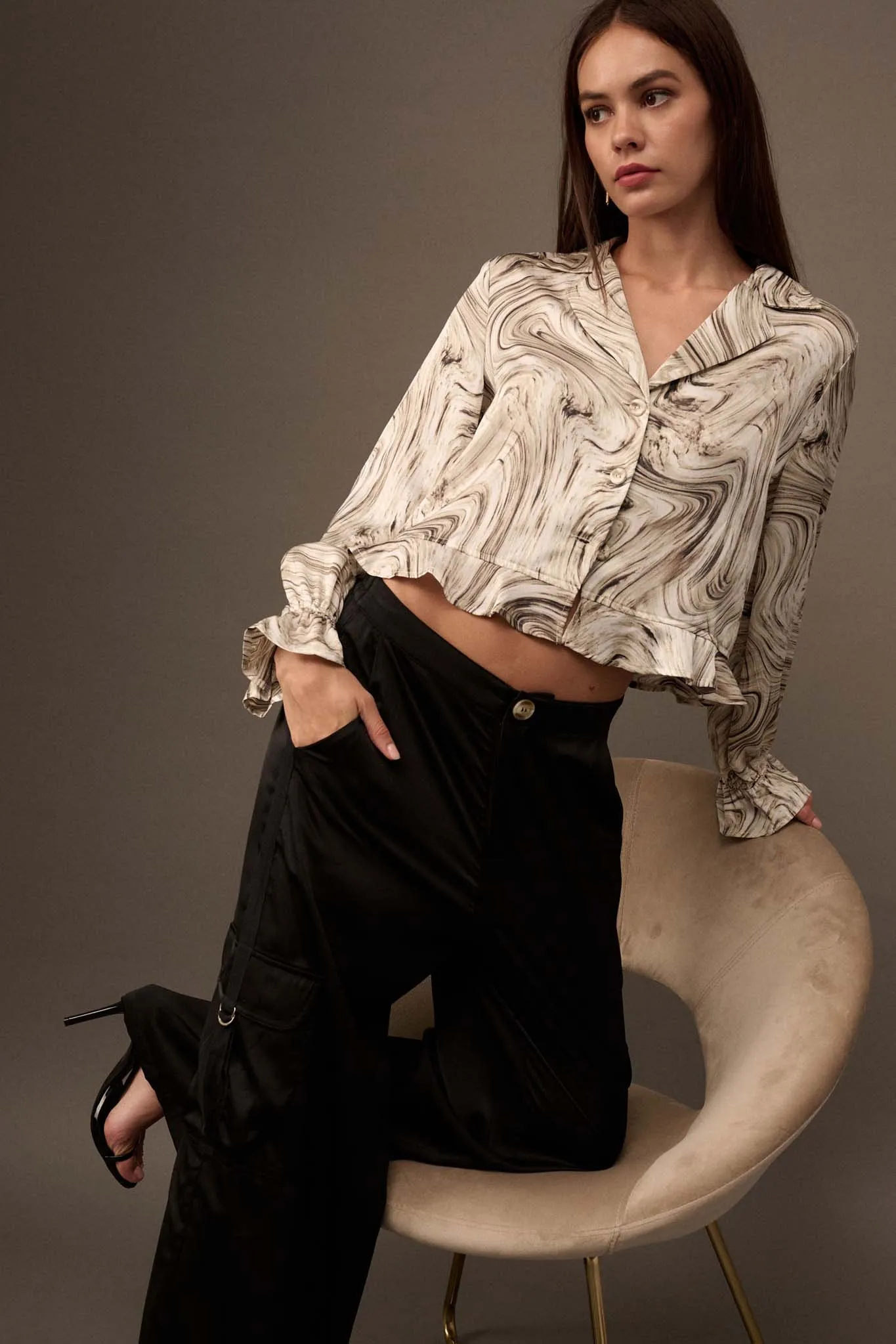 Flowing Free Marble-Print Satin Ruffled Top