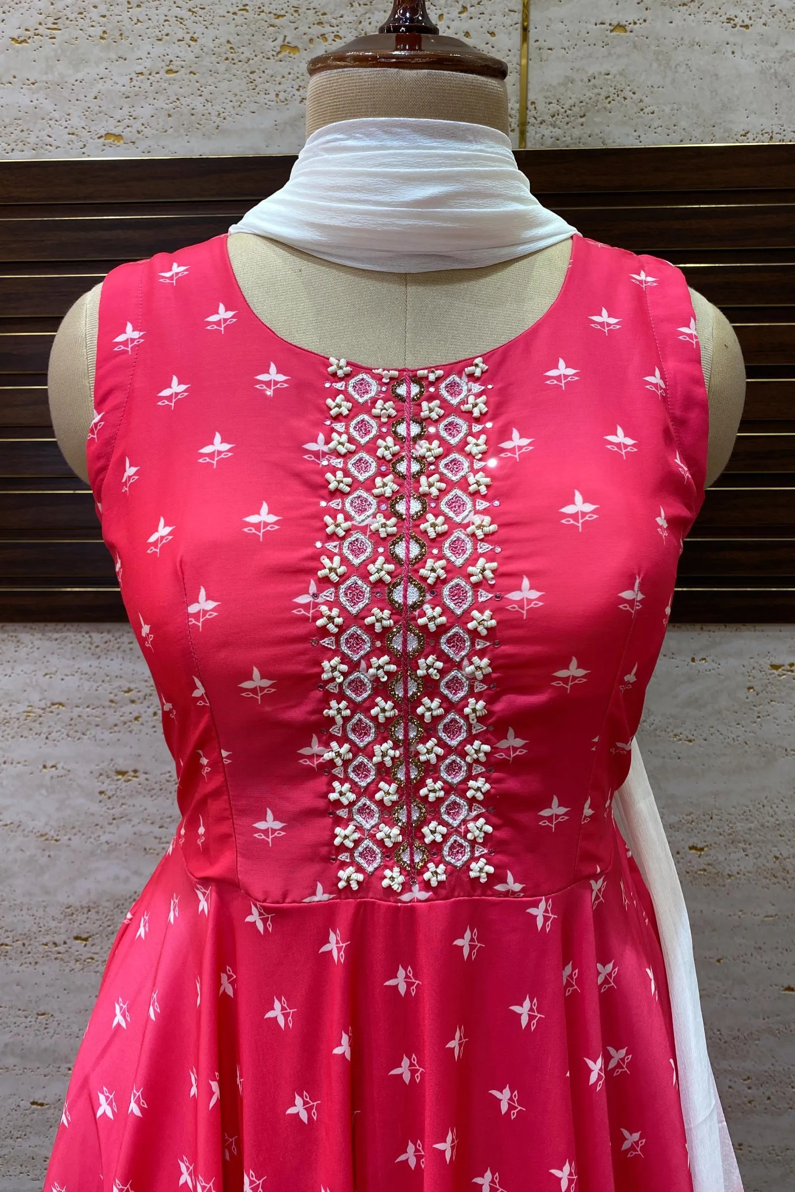 Fluorescent Pink Sequins and Stone Work with Digital Print Floor Length Anarkali Suit