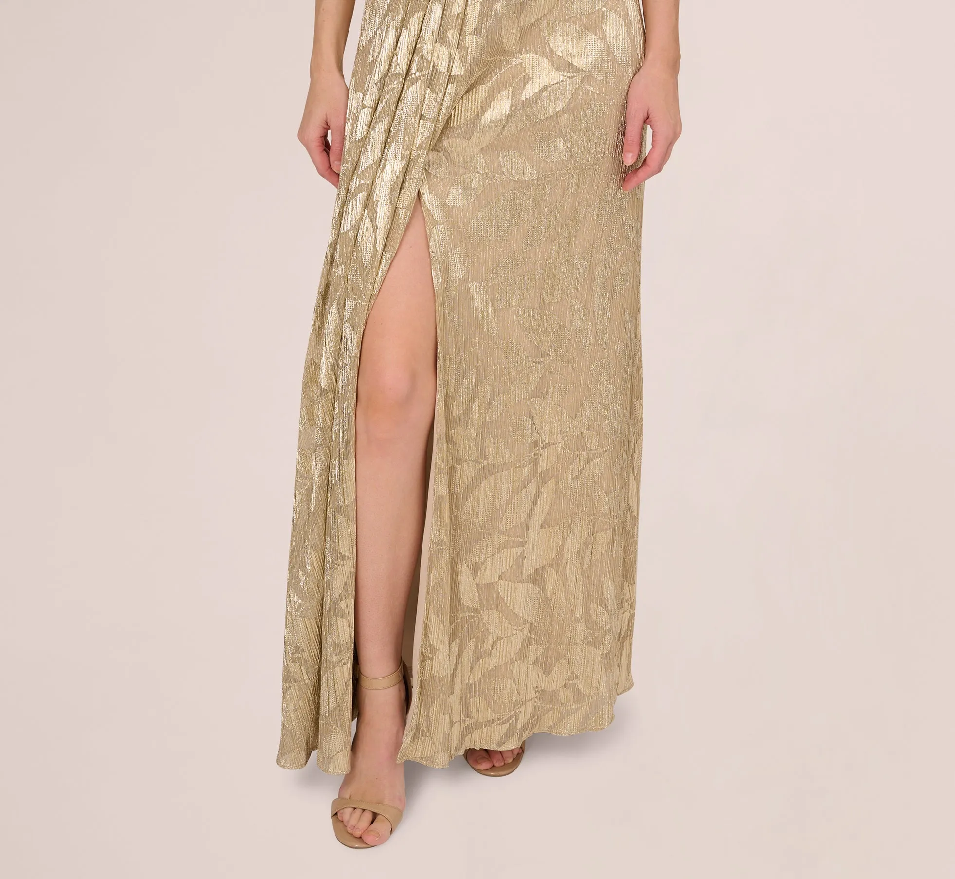 Foil Leaf Short Sleeve Gown With Draped Details In Champagne Gold