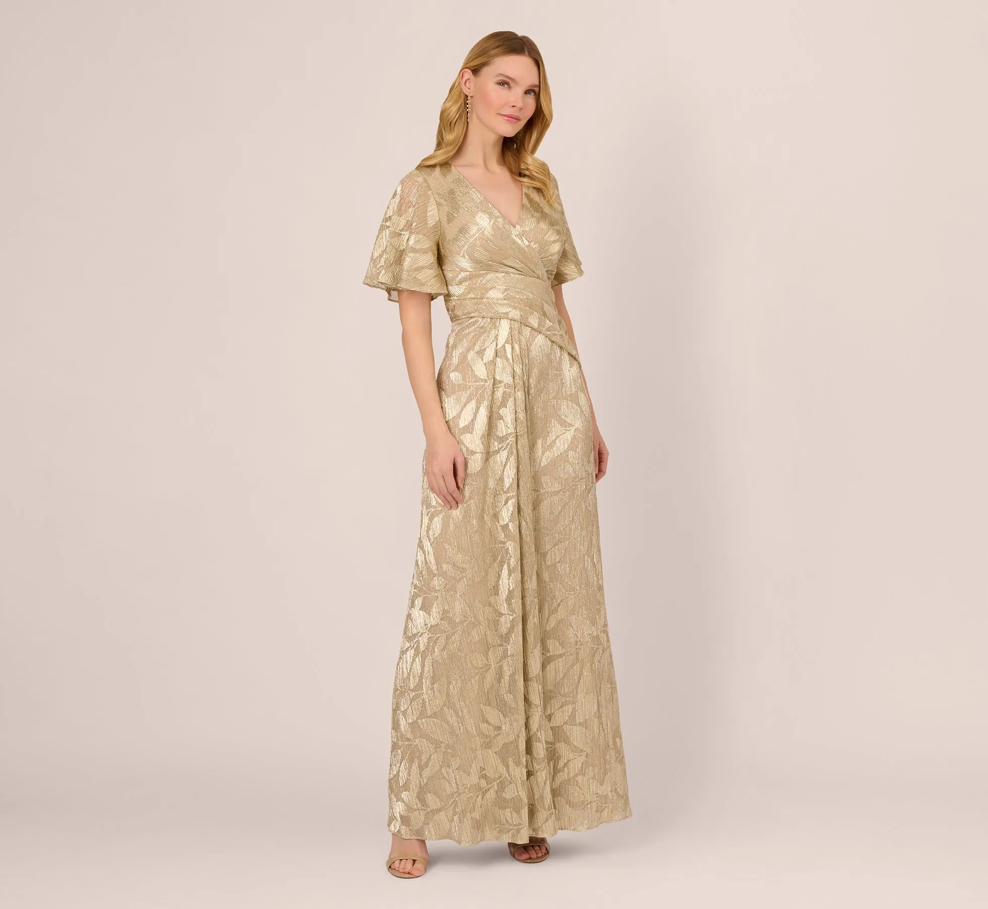 Foil Leaf Short Sleeve Gown With Draped Details In Champagne Gold