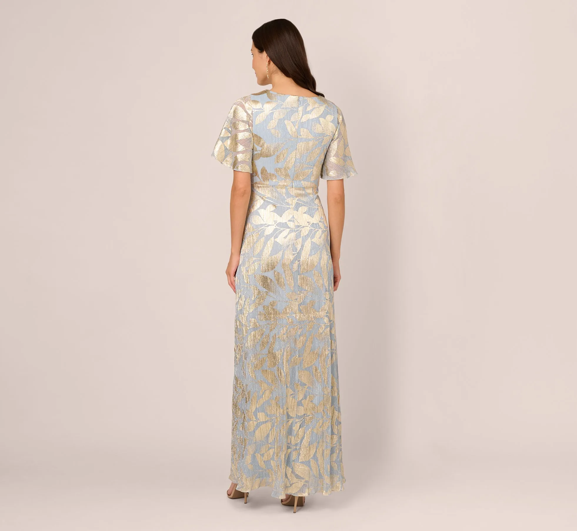 Foil Leaf Short Sleeve Gown With Draped Details In Light Blue Gold