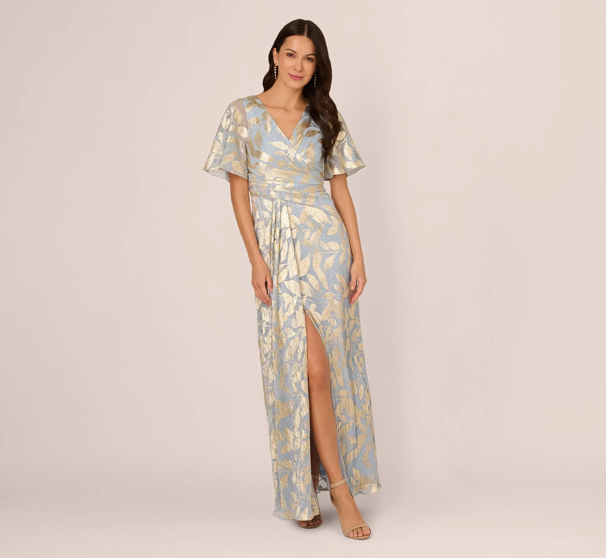 Foil Leaf Short Sleeve Gown With Draped Details In Light Blue Gold